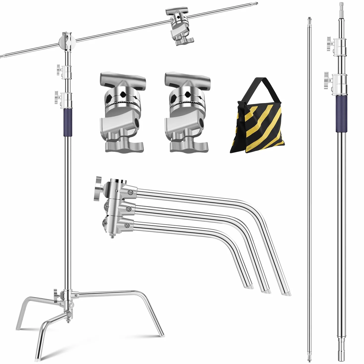 K&F CONCEPT 330CM Heavy Duty in acciaio inox C Stand con braccio a braccio, treppiede leggero per fotografia regolabile con braccio di supporto da 126 cm, 2 teste maniglia per studio, carico 20 kg