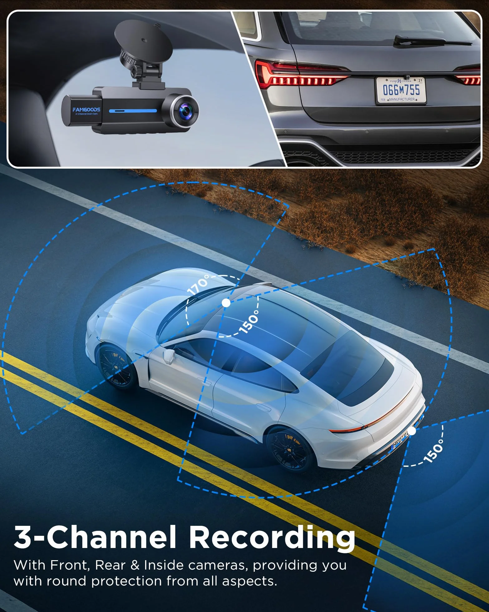 Famgoods Dash Cam 4K 360° 3.16" IPS WiFi 5GHz G-Sensor Night Vision Loop Recording