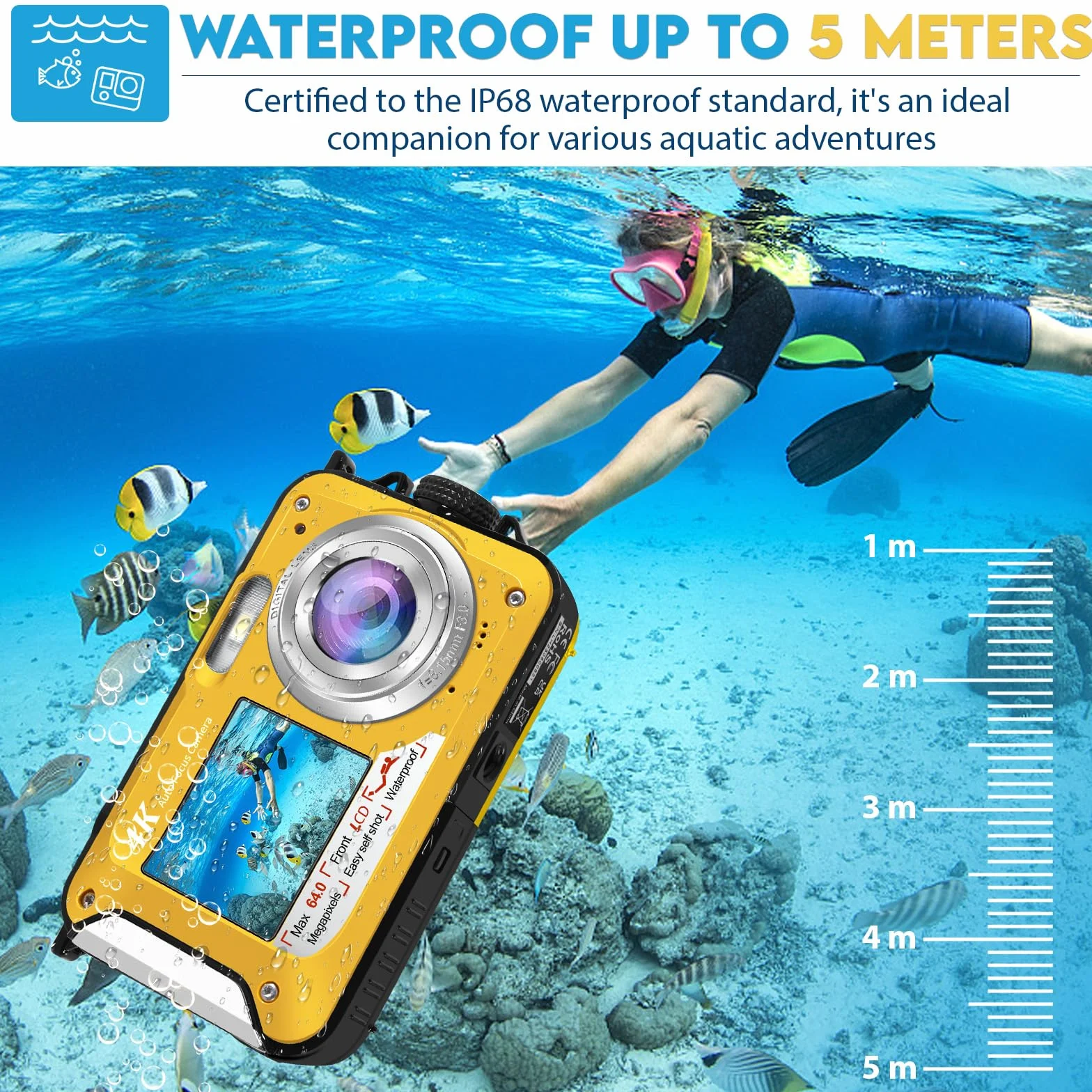 64MP Macchina Fotografica Subacquea Con Scheda Di Memoria Da 64 GB, 4K Fotocamera Subacquea Con Autofocus E Doppio Schermo Selfie HD, 5 Metri Fotocamera Subacquea Digitale (2 Batterie)