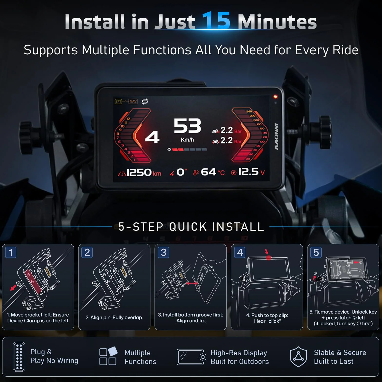 INNOVV N2 per BMW Moto CarPlay & Android Auto, BMW Moto Touchscreen con 6,5 Pollici Impermeabile GPS Navigazione Screen, Lettura Dati, TPMS, WonderWheel Controls