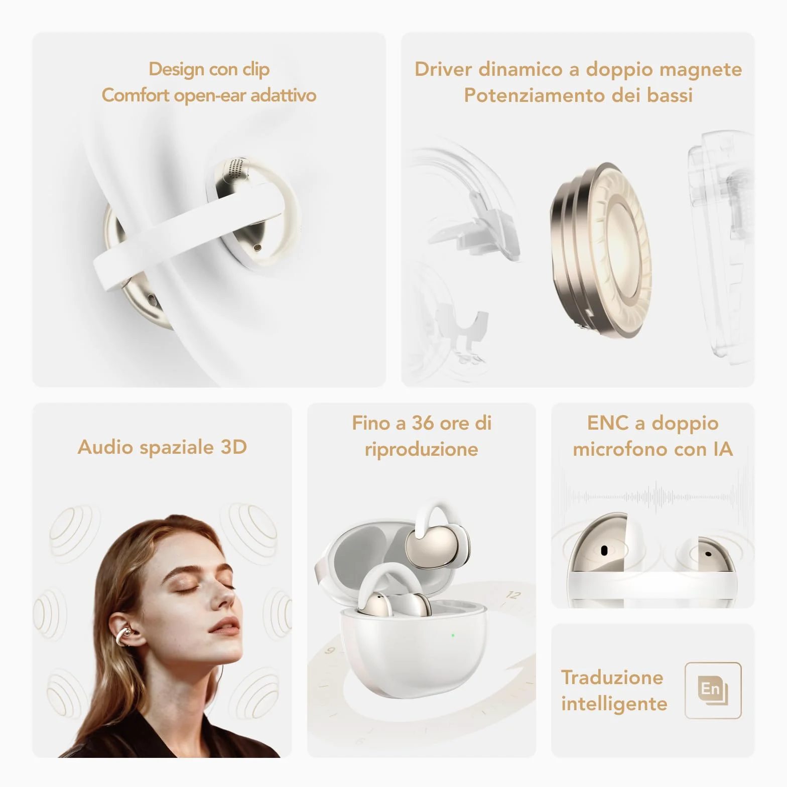 TCL CrystalClip, design a clip, miglioramento dei bassi, suono spaziale 3D, fino a 36 ore di riproduzione, Bianco lunare