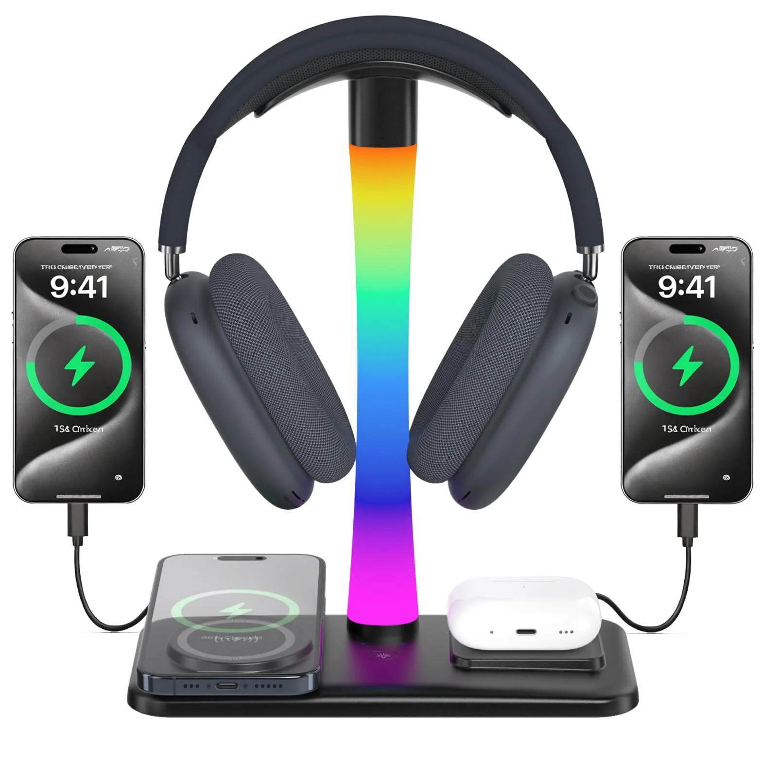 Supporto Per Cuffie con Caricabatterie Wireless,Suppor to Per Cuffie Da Gioco con Luce RGB,Supporto Per Airpod Max Compatibile con Airpod Pro/3/2,iPhone 16/15/14/13/12/11,Regali per Uomini Do (Nero)