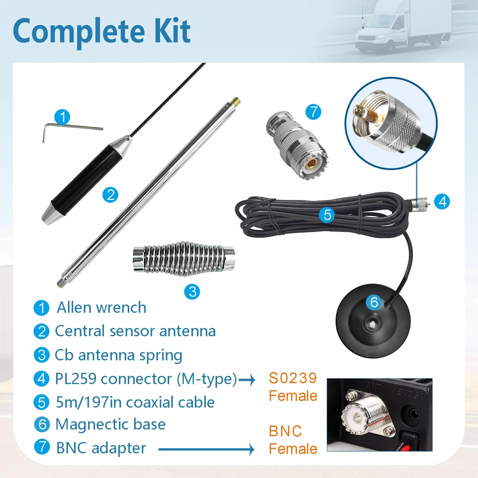 Antenna CB Magnetica 27 Mhz per Auto, Camion | Universale per Radio CB Midland, Uniden, President, Cobra,Alan | Con 5m RG58-Cavo, Connettore UHF PL259 & BNC, Ø95 mm Base Calamita, Alta 67cm