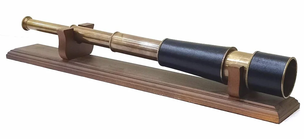 Cannocchiale vintage, marrone antico, lunghezza 45,7 cm, fatto a mano, da collezione, con base in legno