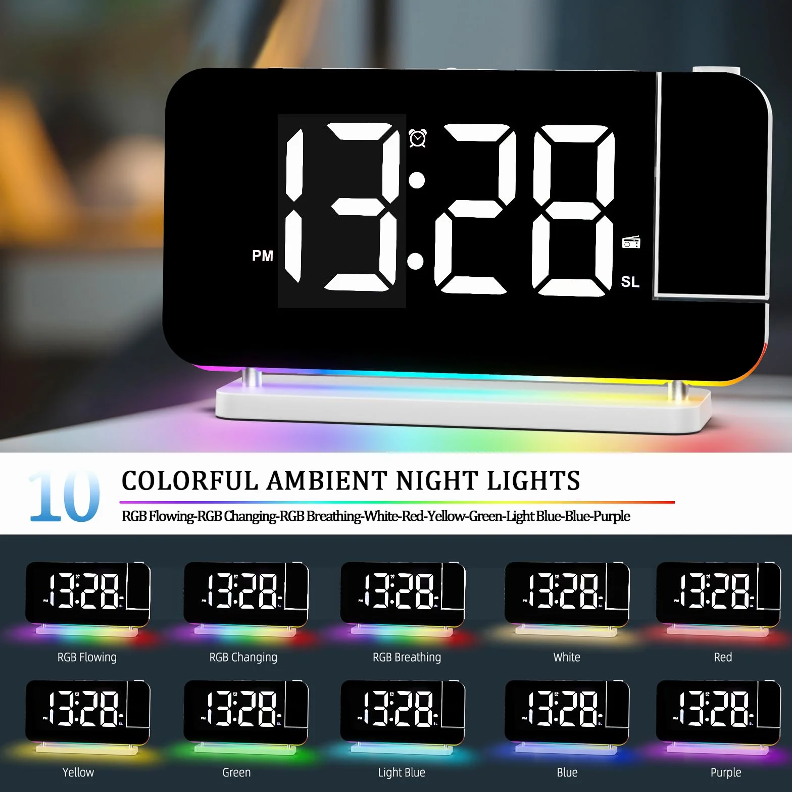 Radiosveglia Digitale con Proiezione e FM 6 Livelli Luminosità Schermo 4 Proiezione Snooze