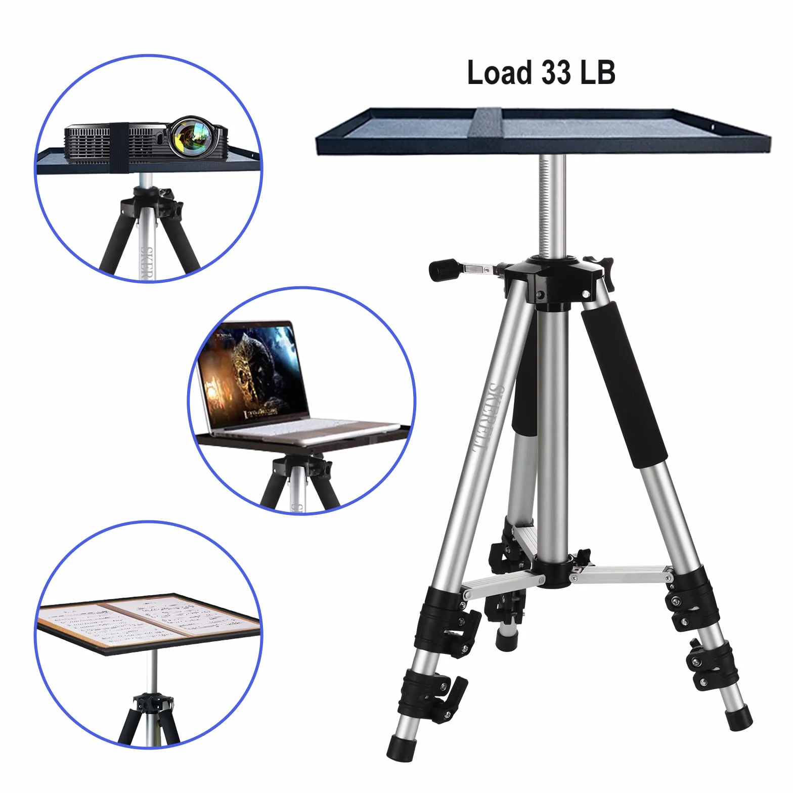SKERELL Supporto per proiettore, supporto universale per laptop, treppiede in lega di alluminio con vassoio e testa a sfera, borsa per il trasporto, altezza regolabile da 17 a 48 pollici (argento)