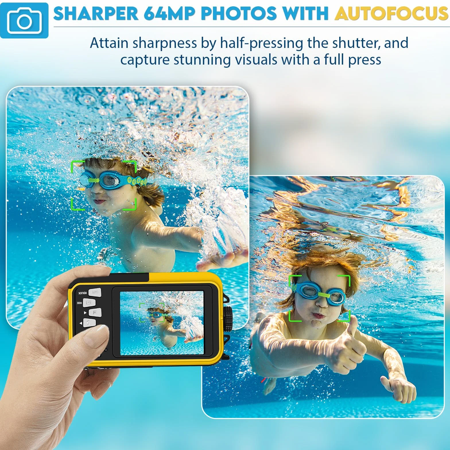 64MP Macchina Fotografica Subacquea Con Scheda Di Memoria Da 64 GB, 4K Fotocamera Subacquea Con Autofocus E Doppio Schermo Selfie HD, 5 Metri Fotocamera Subacquea Digitale (2 Batterie)