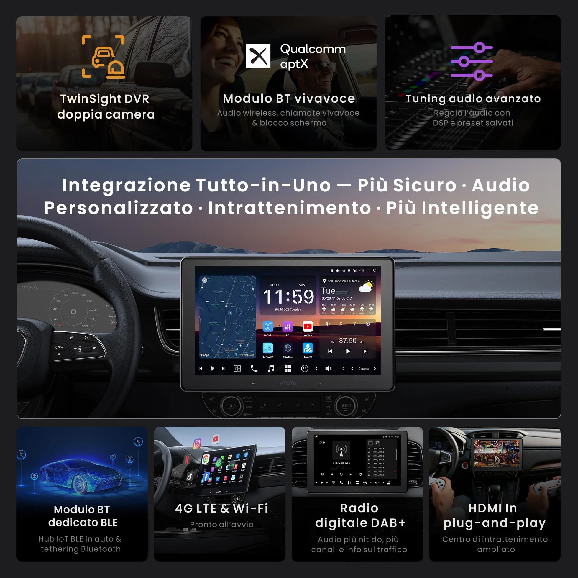 ATOTOZONE 10" QLED DAB AI Autoradio 2 Din Android, 8G+128G, Carplay Senza Fili & Android Auto, 4G LTE, DSP & 36B-EQ, Audio 7.1.2 Canali, Ingresso HDMI, 2 Wifi & Bluetooth, Tracciamento GPS, X10DG211E