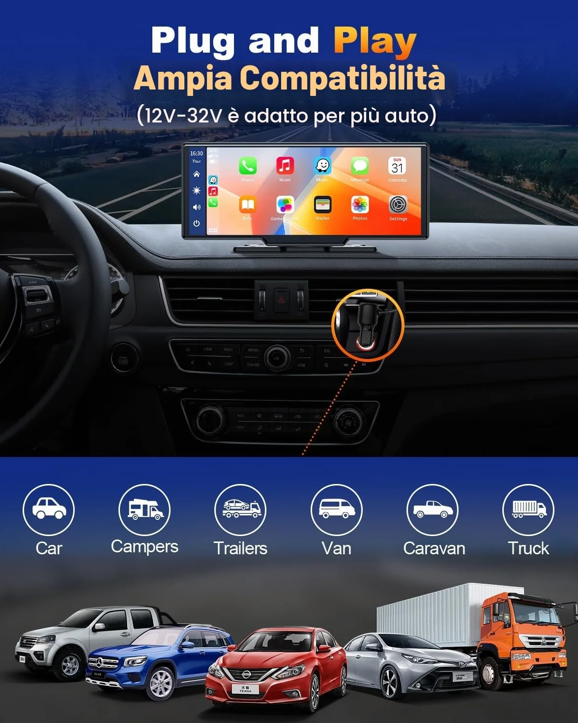 Volam 9.26 pollici Schermo Carplay Auto, Autoradio Portatile con Carplay Android Auto Wireless, Schermo tattile, IOS Mirror Link, Navigazione, Assistente Vocale Siri, G00gle, FM, AUX, Bluetooth 5.0