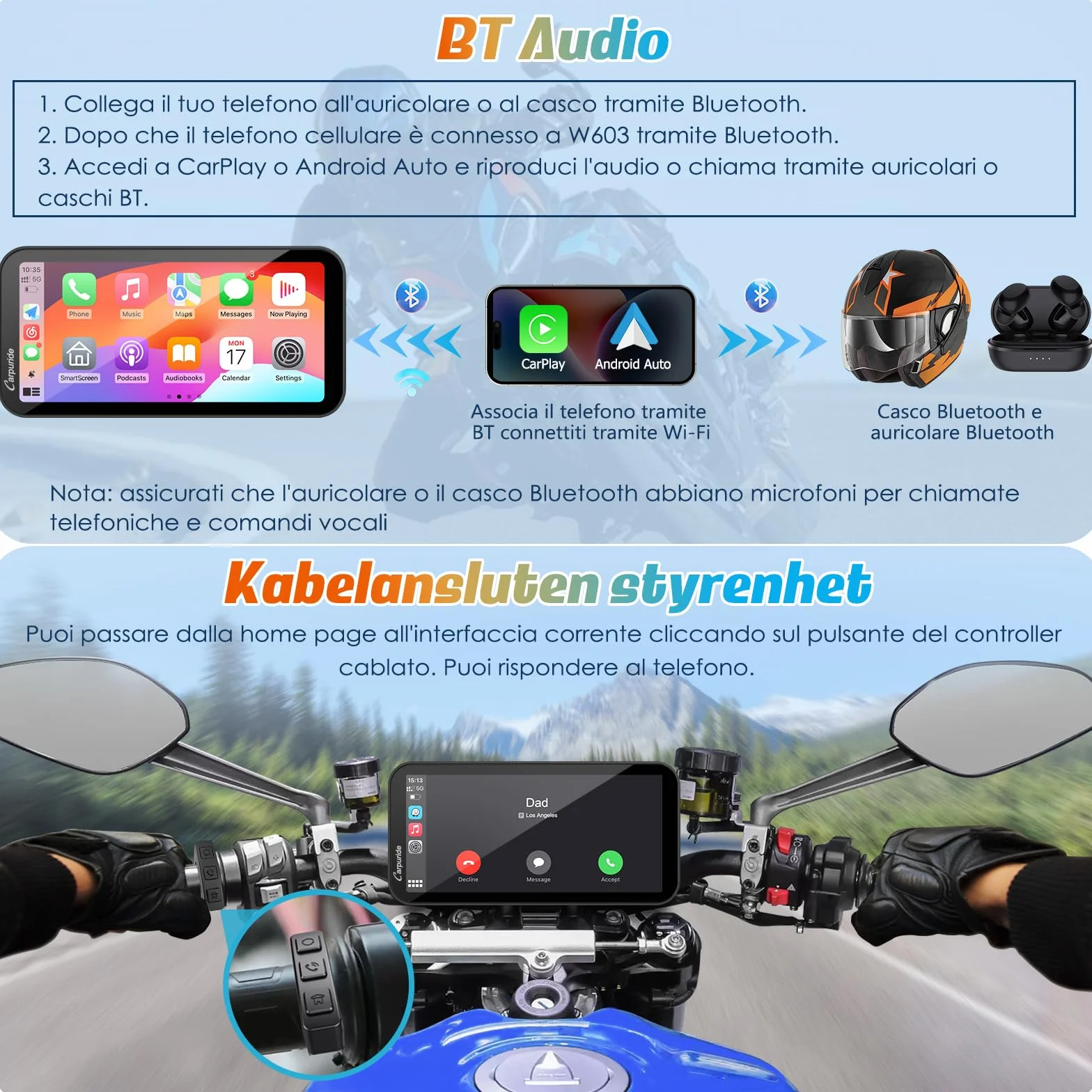 Carpuride W603 Schermo Carplay per Moto, CarPlay Wireless e Android Auto per Moto, Telecomando, Touchscreen Impermeabile da 6,3", Audio BT, Navigazione GPS, Siri, Assistente G00gle