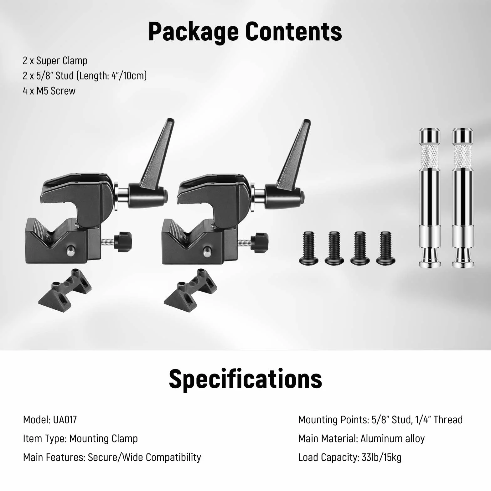 NEEWER 2pz Super Clamp con Perno 5/8", Blocco a Molla, Morsetto Ganascia da 2,4", Morsetto Granchio Robusto per Palo per Superficie Piana di Tubo Tondo, per Montaggio Luce Fotocamera, Max 15kg, UA017