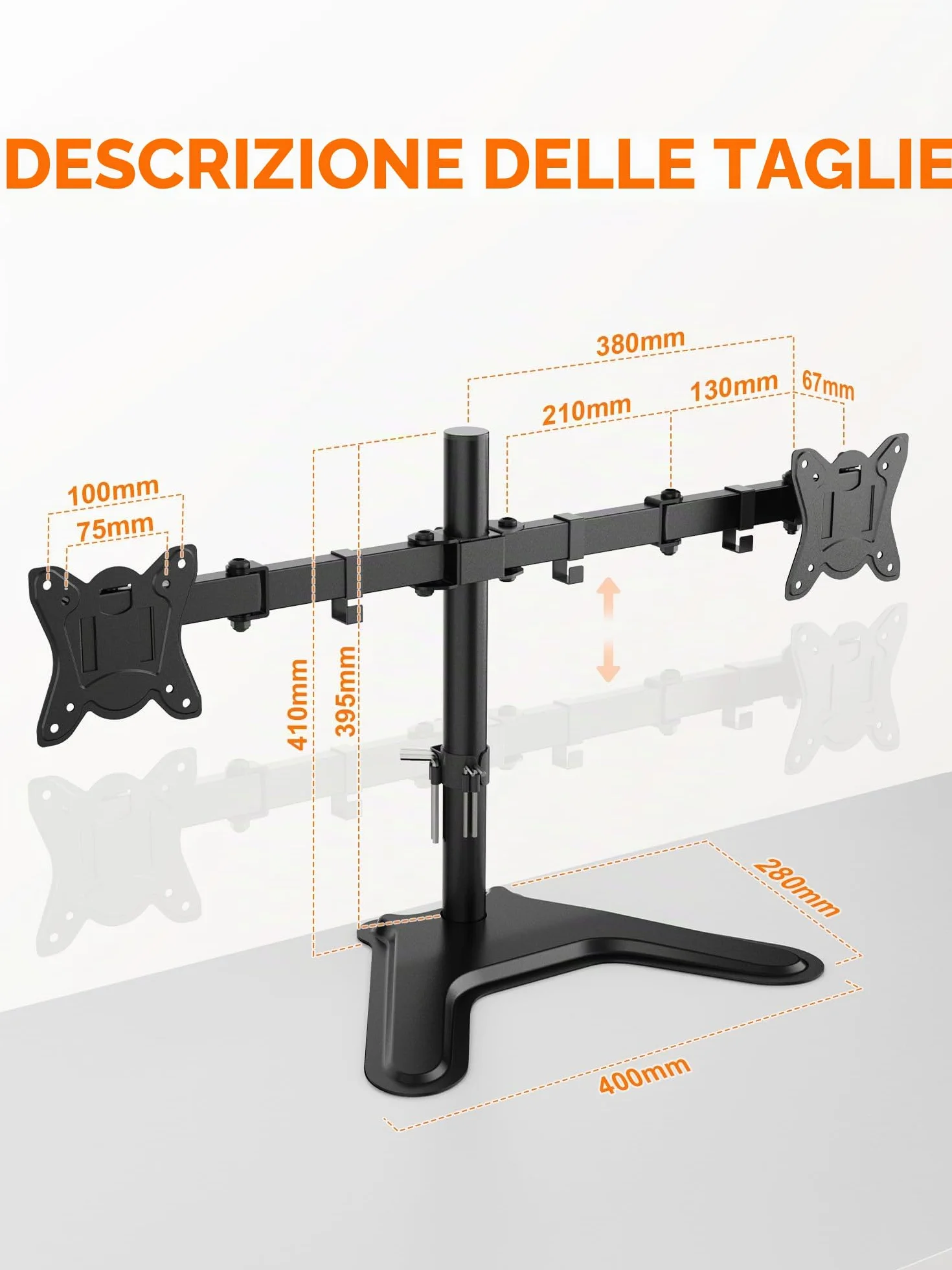 GRIFEMA Braccio Monitor Doppio per Schermi 13-32'', Supporto Doppio Monitor Altezza Regolabile, Base Allargata, Inclinazione, Girevole, Rotazione, Gestione dei Cavi, Fino a 10 kg, VESA 75/100mm