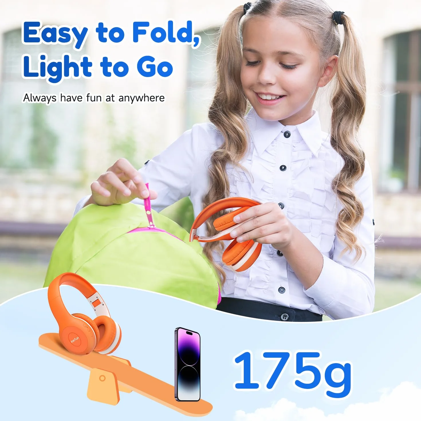 EarFun K2 Cuffie Bluetooth Bambini, Cuffie Wireless e Cablato, Limitatore Volume Sicuro 85/94 dB, 40 Ore Autonomia, Over-Ear Pieghevoli e Regolabili per Scuola/Tablet/Viaggio, Bluetooth 5.4, Arancione