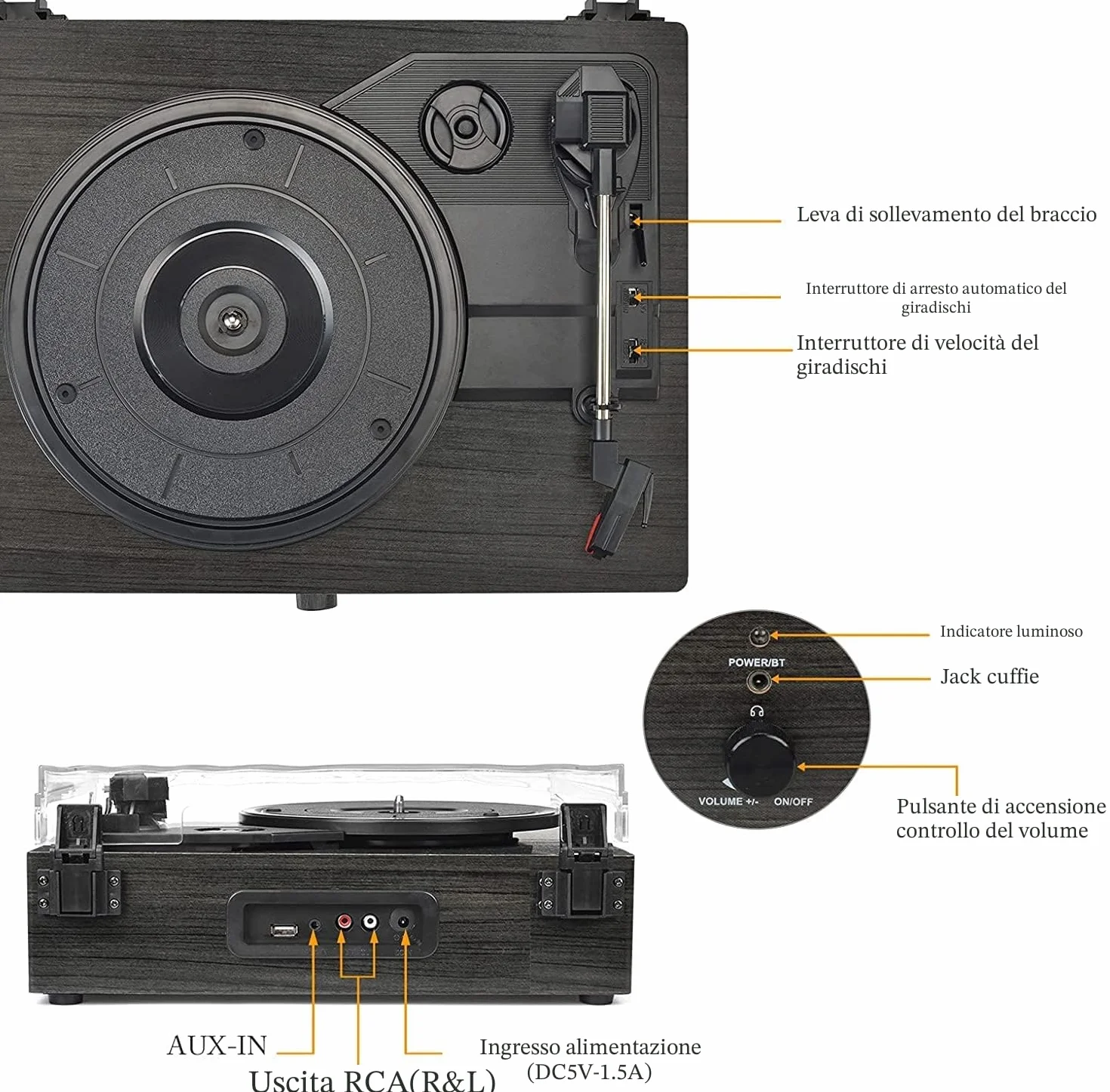 Udreamer Giradischi Bluetooth con Altoparlanti Integrati, Trasmissione a Cinghia, 3 Velocità, Legno Nero
