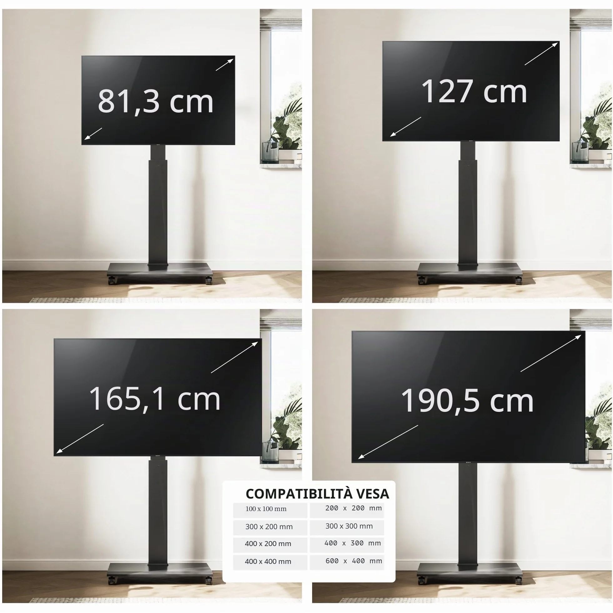 FITUEYES Carrello Porta TV con Ruote per 32-75 Pollici, Orizzontale e Verticale Supporto TV da Pavimento e Metallo Base, 40° Girevole & 7 Altezza Porta TV da Terra Max VESA 600x400mm Portata 40kg