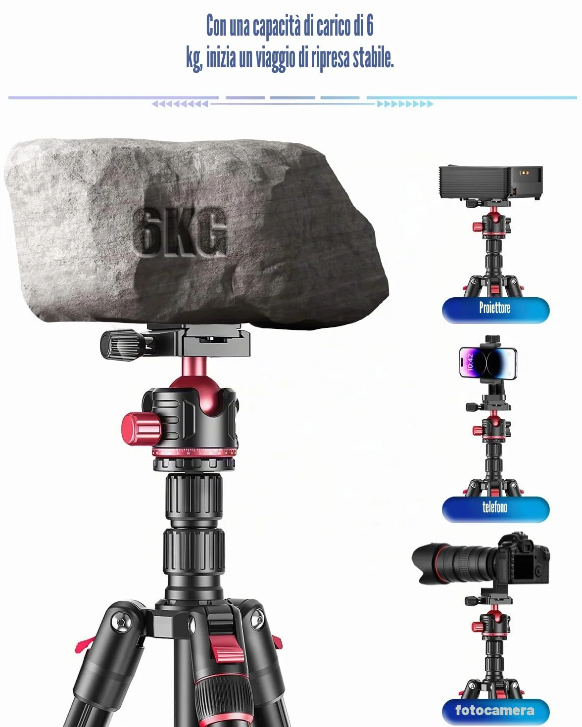 CAMBOFOTO Treppiede professionale per fotocamera, 173 cm, treppiede portatile in alluminio con monopiede da 180 cm/testa a sfera a 360°, clip per iPad e borsa per il trasporto