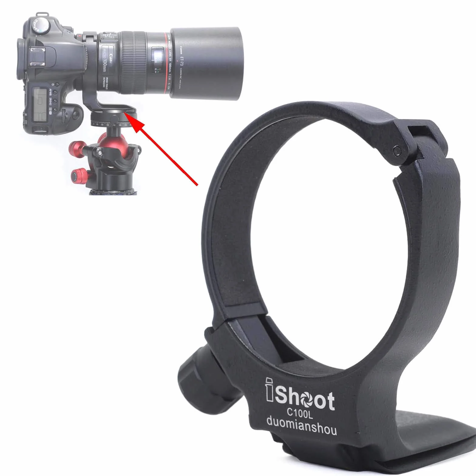 iShoot - Anello di montaggio per treppiede, compatibile con Canon EF 100 mm f/2.8L Macro IS USM (sostituisce l'anello di montaggio per treppiede Canon D), piastra di sgancio rapido tipo ARCA integrata