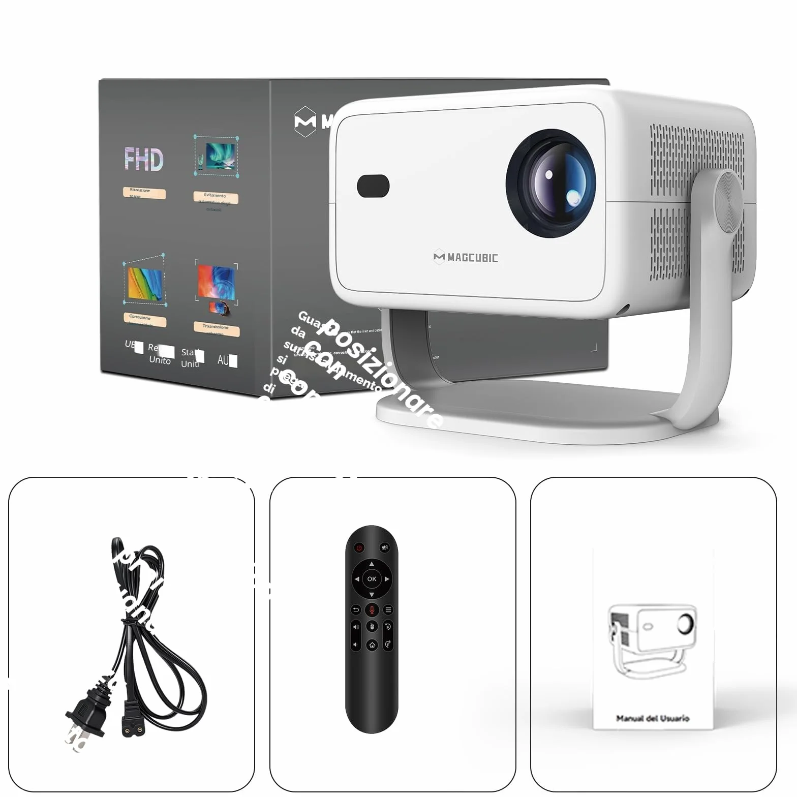 Magcubic Mini Proiettore Native 1080P, 4K 8K Supportato, Proiettore Portatile Android 14, WiFi 6 Bluetooth 5.4, 600 ANSI Lumen, Autofocus, Altoparlante 12W, Rotazione 180°, Home (Bianco puro)