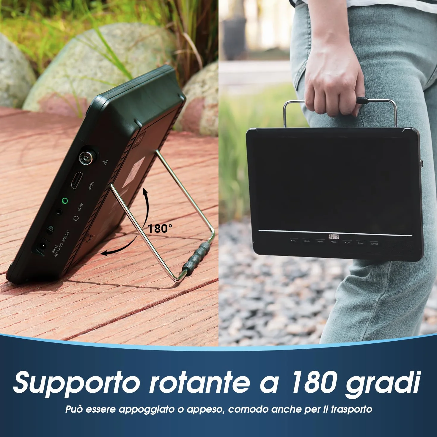 August DA383 10 Pollici TV Portatile con Lettore DVD Integrato, TDT DVB-T2, Batteria Ricaricabile, CD/DVD/USB/SD, HDMI, AV - Aux out