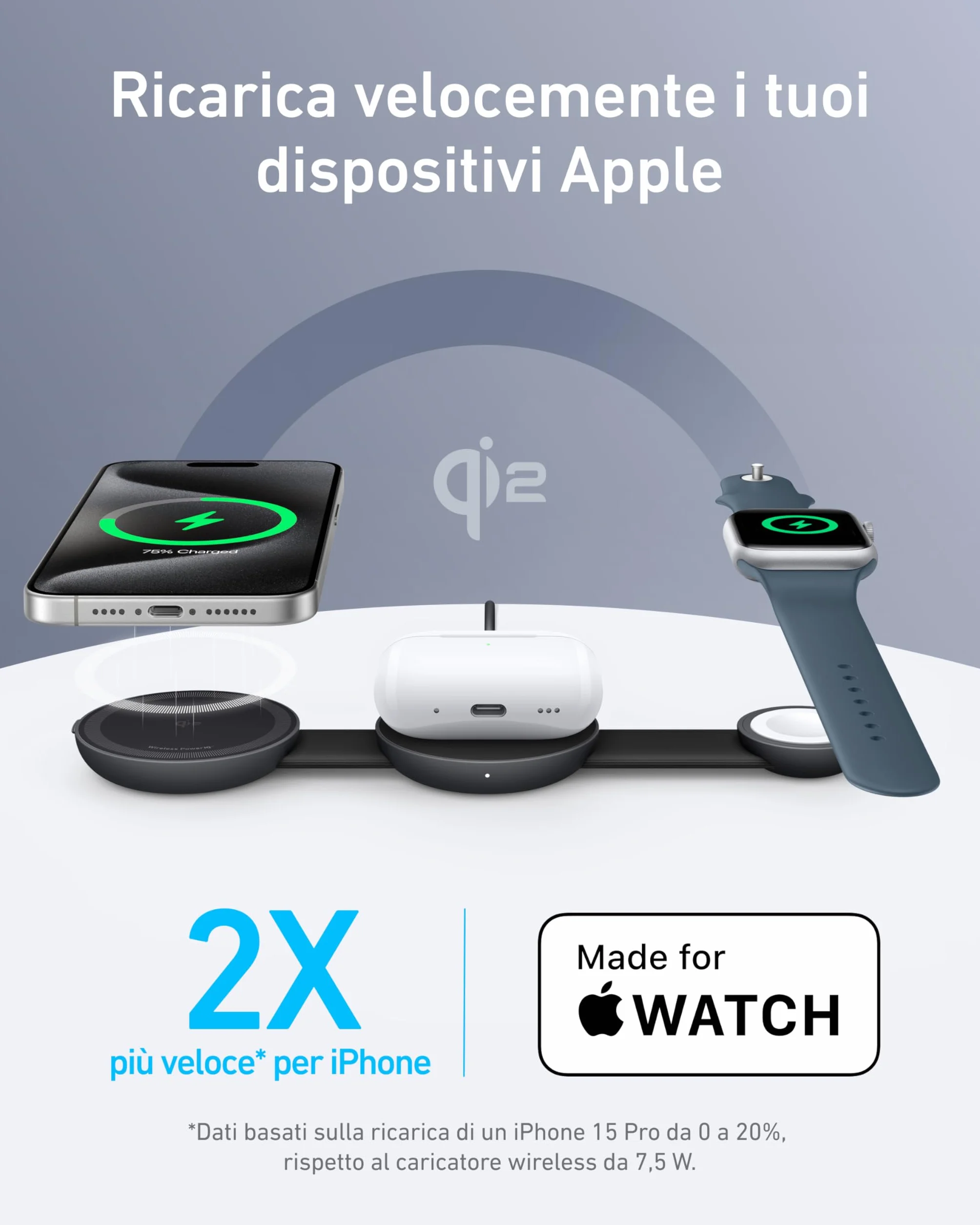 Anker MagGo Caricatore Wireless iPhone 3 in 1 15W, Compatibile con MagSafe, Certificato Qi2, Pieghevole e Portatile per iPhone 17 Pro Max/Serie 16-12, AirPods, Apple Watch(Caricatore USB C Incluso)