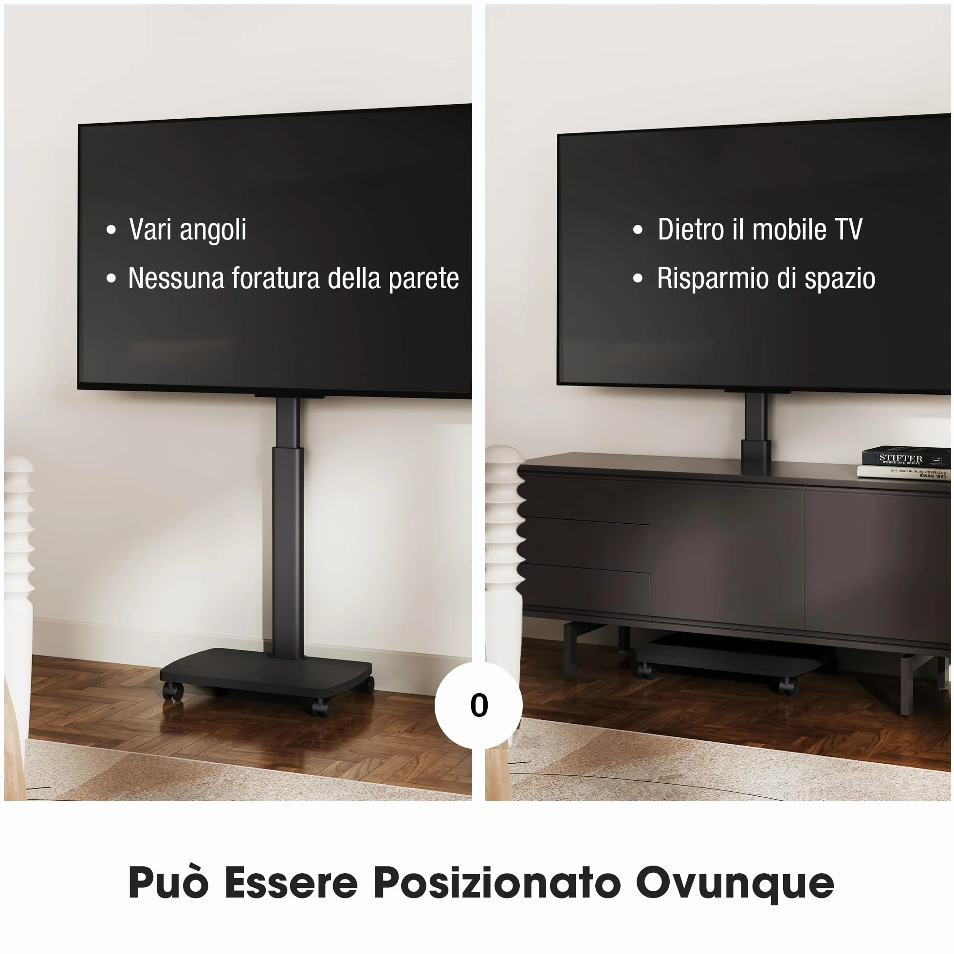 AOKCOS Supporto TV da Pavimento Orizzontale e Verticale per 19-42 Pollici, Carrello Porta TV con Ruote Base in Legno, Inclinazione & Girevole, fino a 20 kg max. VESA 200×200 mm Nero