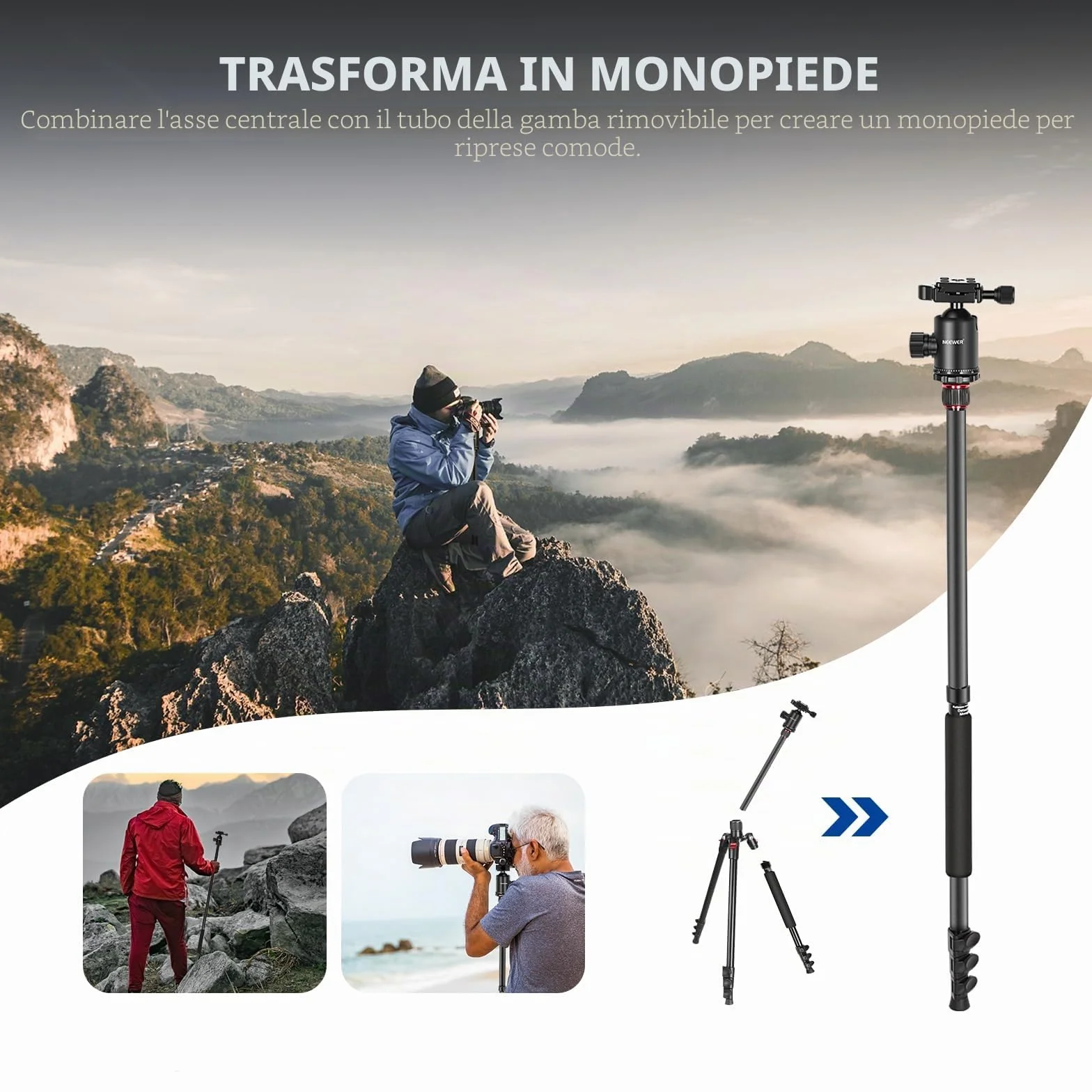NEEWER 77'' Treppiede Fotocamera, Treppiede Monopiede Pieghevole Alluminio DSLR, Telefono con Testa a Sfera Panoramica 360°, Colonna Centrale a 2 Assi, Piastra Arca QR e Borsa, Carico Max 34lb, TP77