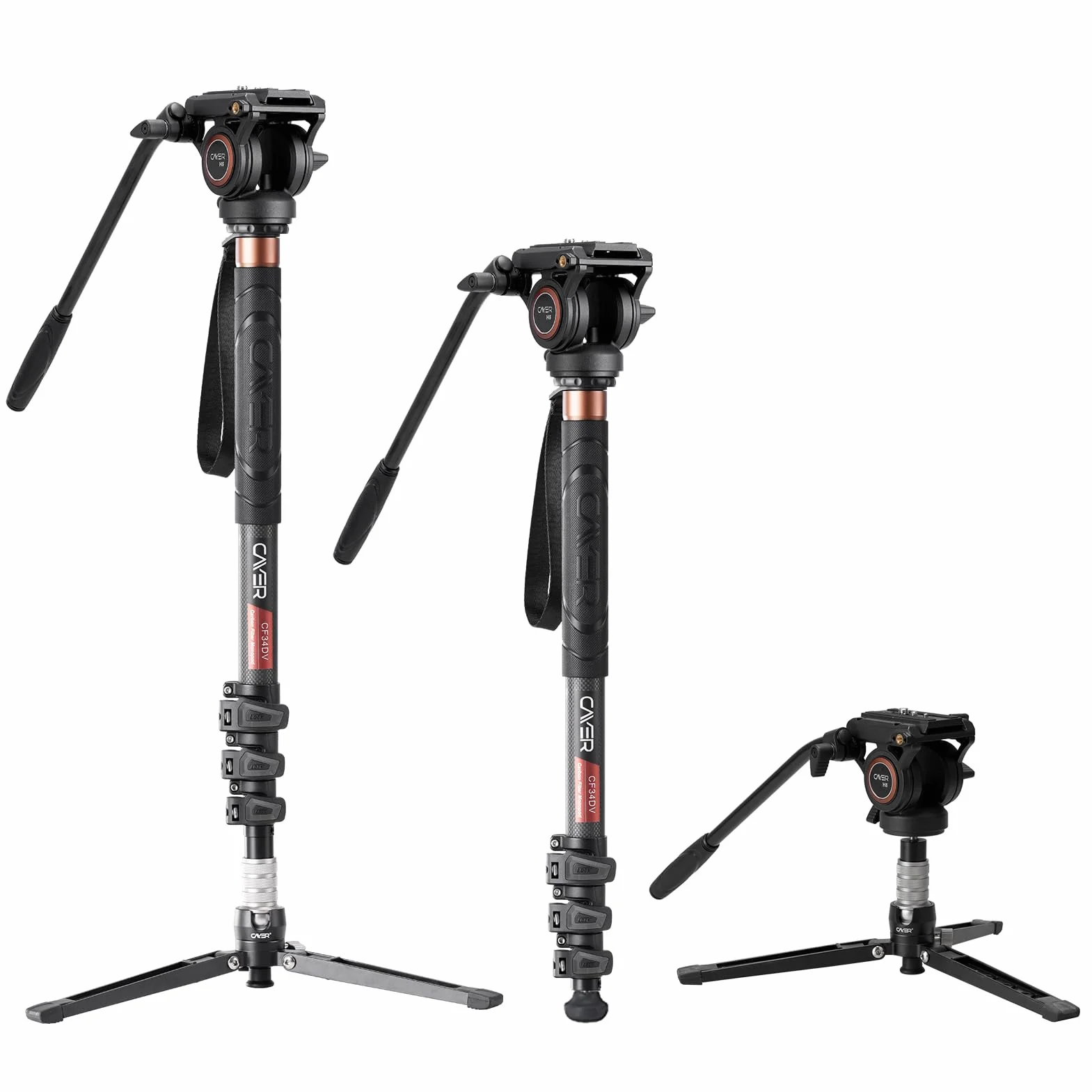 Cayer CF34DV Videoproiettore professionale Monopiede 71 "Monopiede per fotocamera telescopica in fibra di carbonio con testa fluida Pan Tilt e base per treppiede a 3 gambe per videocamere DSLR