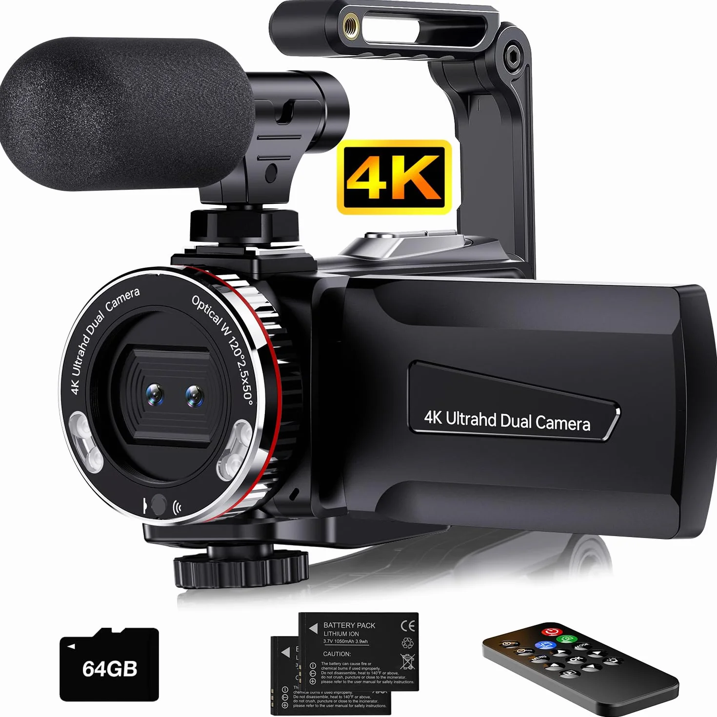 Videocamera 4K 64MP per YouTube, Dual Camera 3" Screen Girevole a 270°, Scheda 64GB, Microfono, Stabilizzatore, Telecomando, 2 Batterie