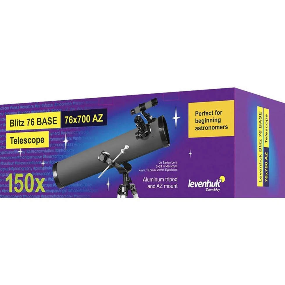 Levenhuk Blitz 76 Base Telescopio Riflettore Newtoniano da 76 mm per Appassionati e Principianti, con Treppiede e Un Ampio Set di Accessori