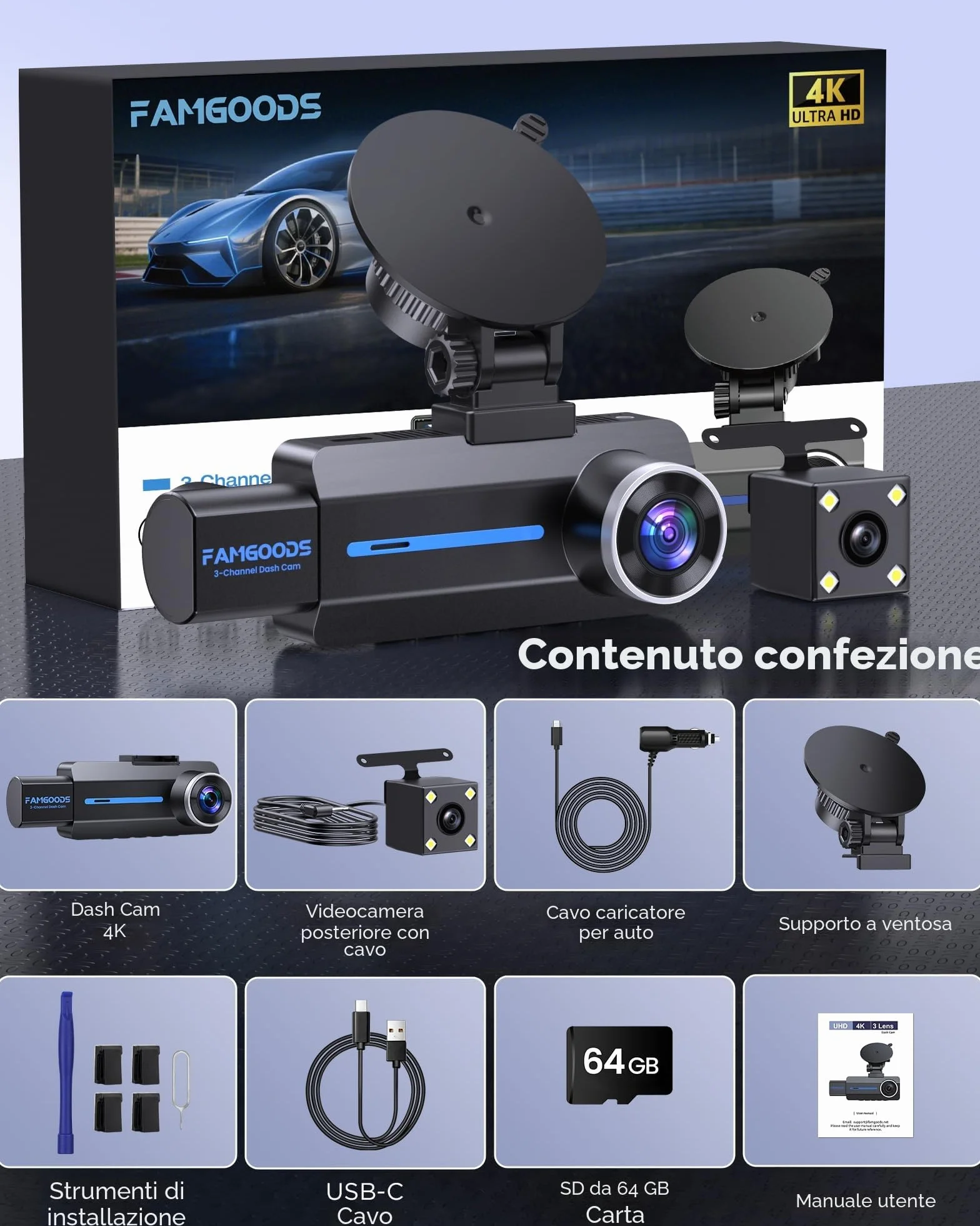 Famgoods Dash Cam 4K 360° 3.16" IPS WiFi 5GHz G-Sensor Night Vision Loop Recording