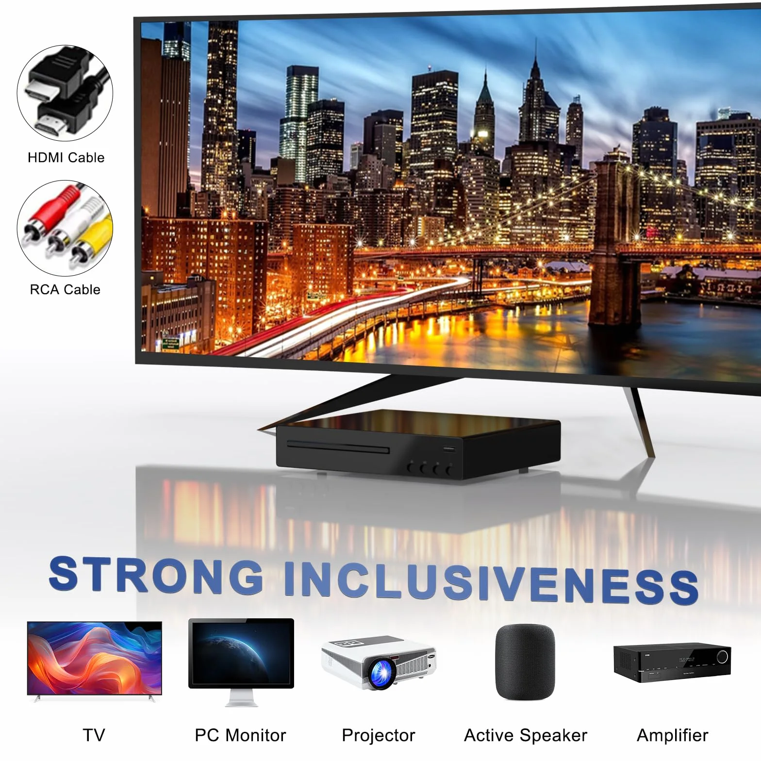 Lettore DVD Compatto Full HD 1080P per TV - Supporto NTSC/PAL, Region-Free, Connessione HDMI/RCA/USB - Compatibile con Smart TV e Sound System