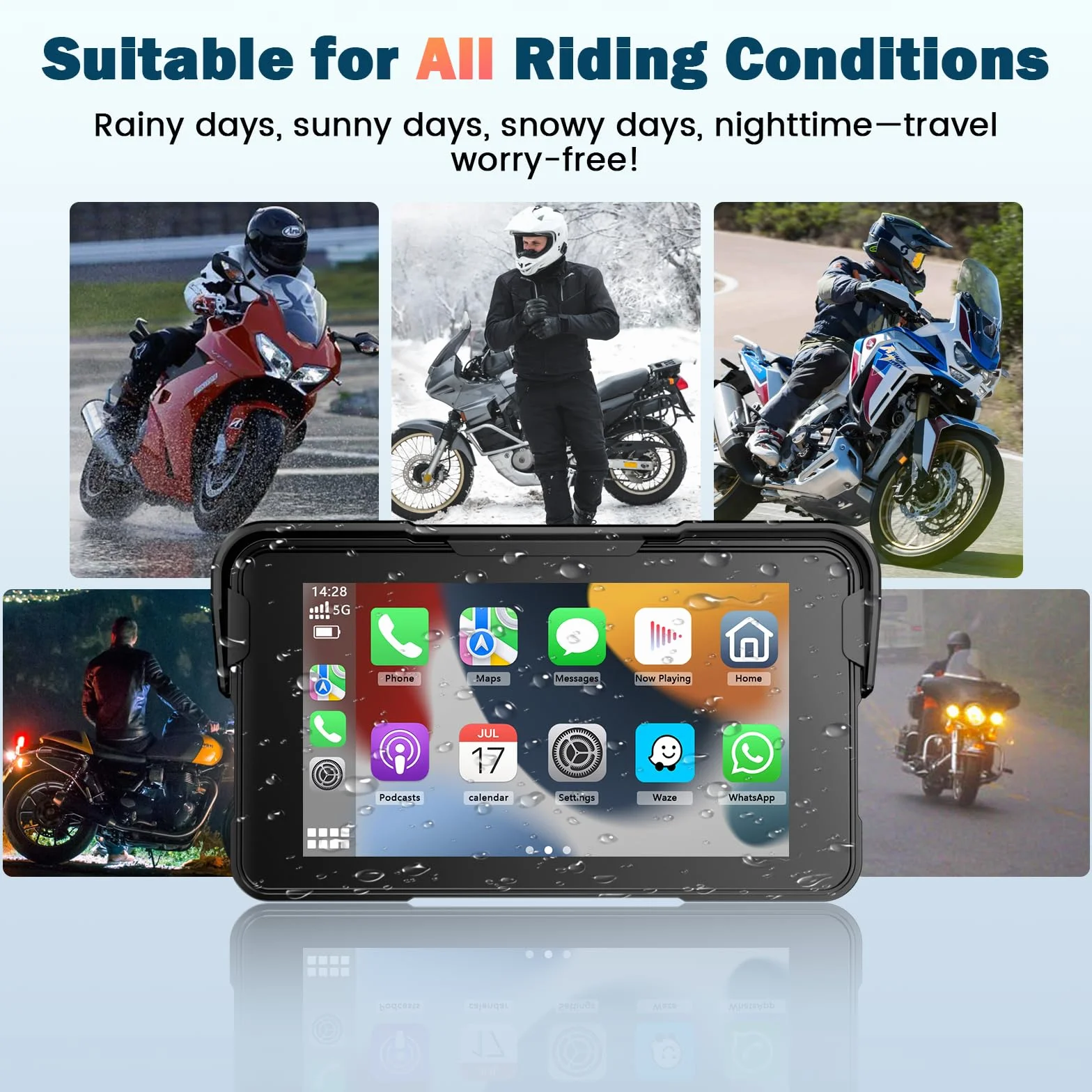 Navigatore Moto 5 Pollici Schermo Moto Carplay per Apple e Android Auto IP67 Impermeabile Touchscreen Bluetooth GPS