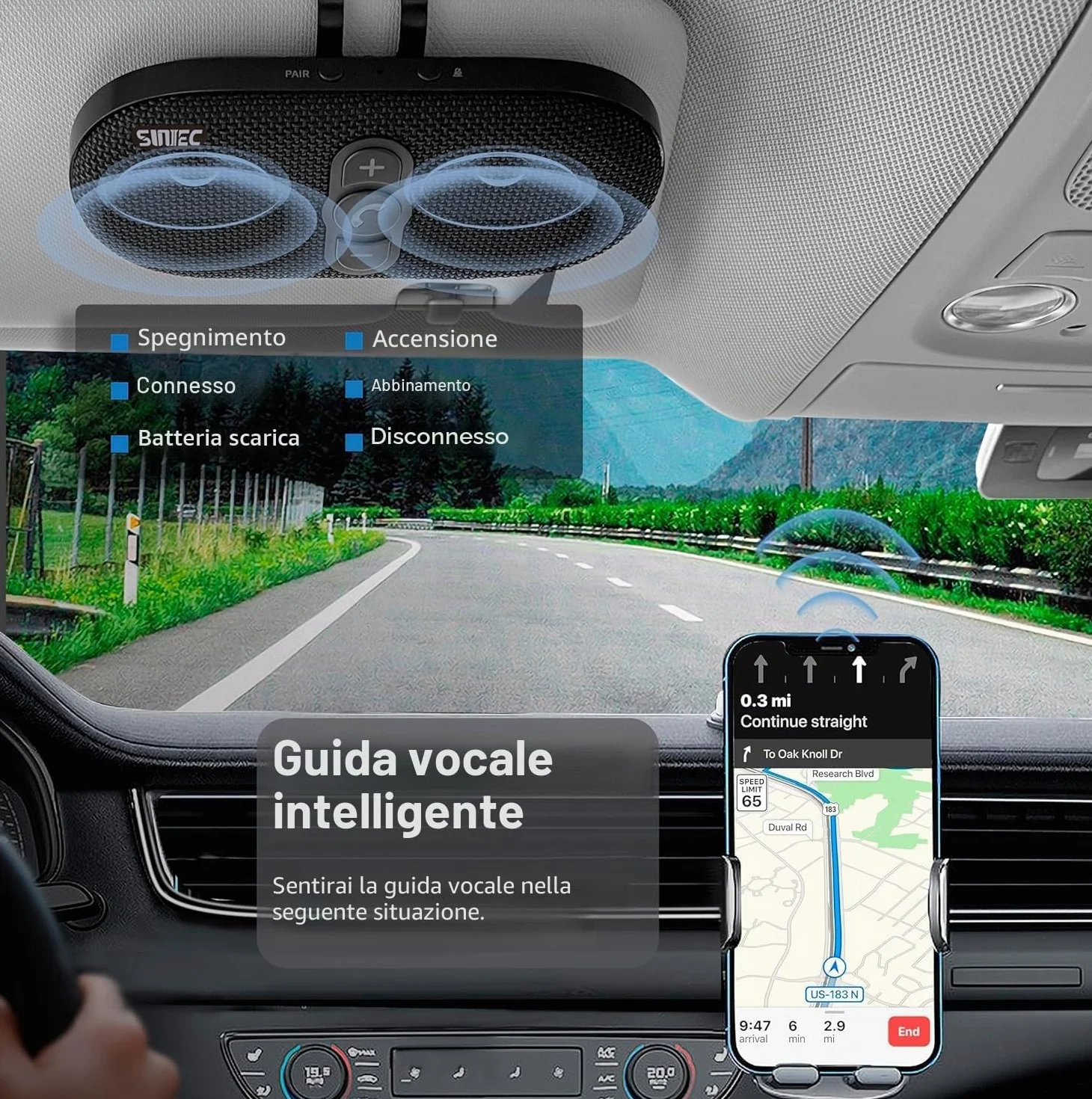 Vivavoce per auto Bluetooth 5.1 con clip Wireless vivavoce si collega a Siri & Google Assistant Supporto Auto ON Off Altoparlante forte 6W per GPS Musica Telefono