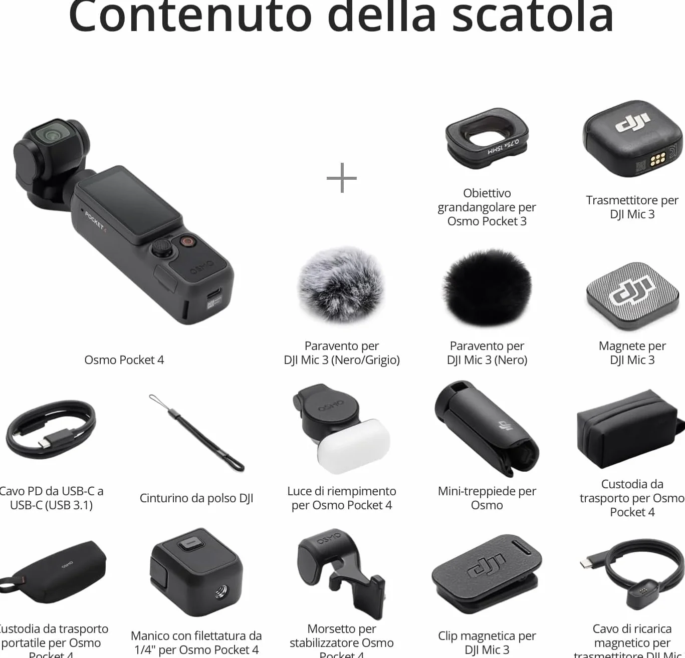 DJI Osmo Pocket 4 Combo Creator Bundle, stabilizzazione a tre assi, Trasmettitore Mic 3, CMOS da 1″ e 4K/240fps, zoom senza perdita 2×, fotocamera stabilizzata tascabile per vlog(Custodia protettiva)