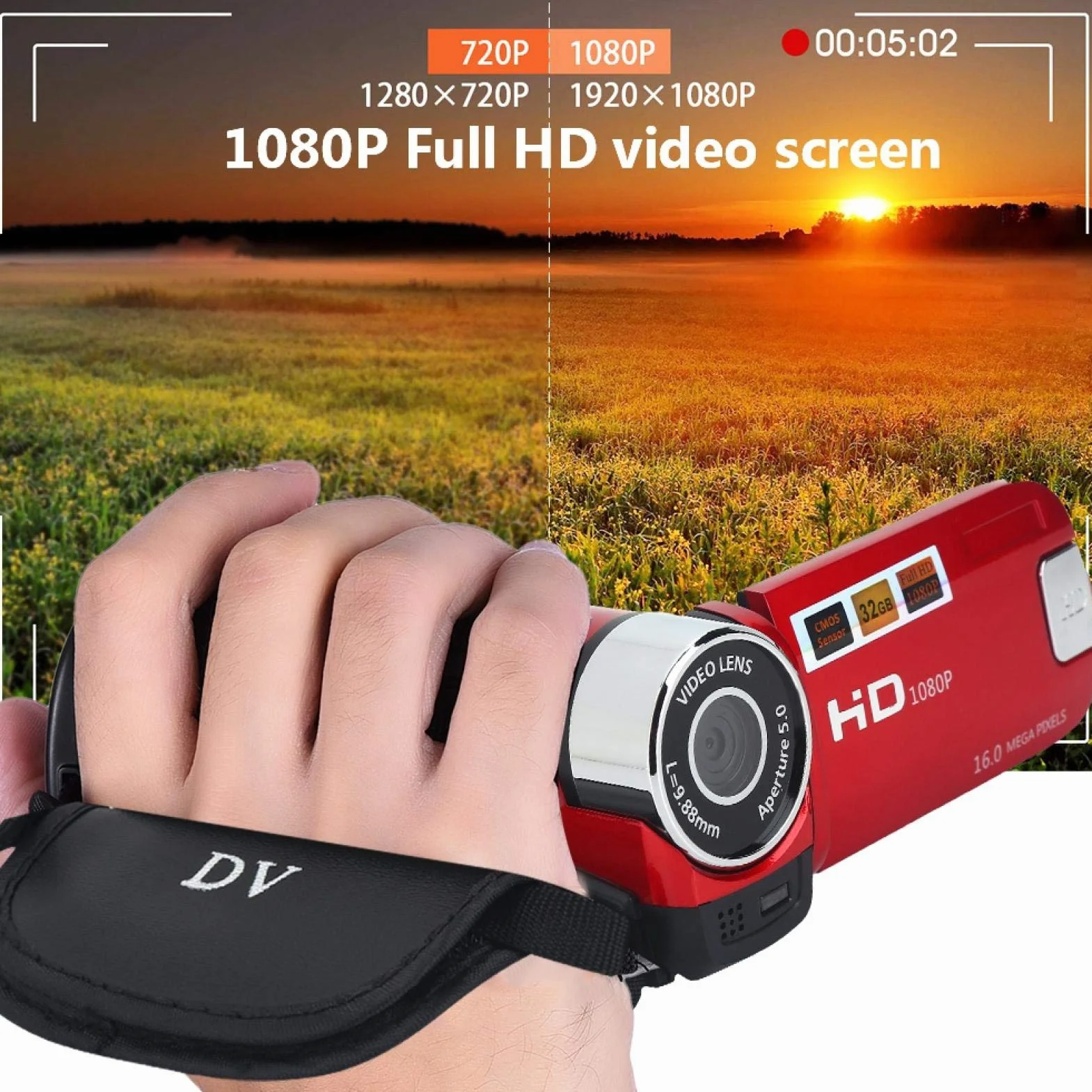 Diyeeni Videocamera portatile 1080P FHD 16x zoom digitale, fotocamera digitale DV Trabar con sensore COMS, altoparlante incorporato, schermo rotante 270 °, videocamera(Red)
