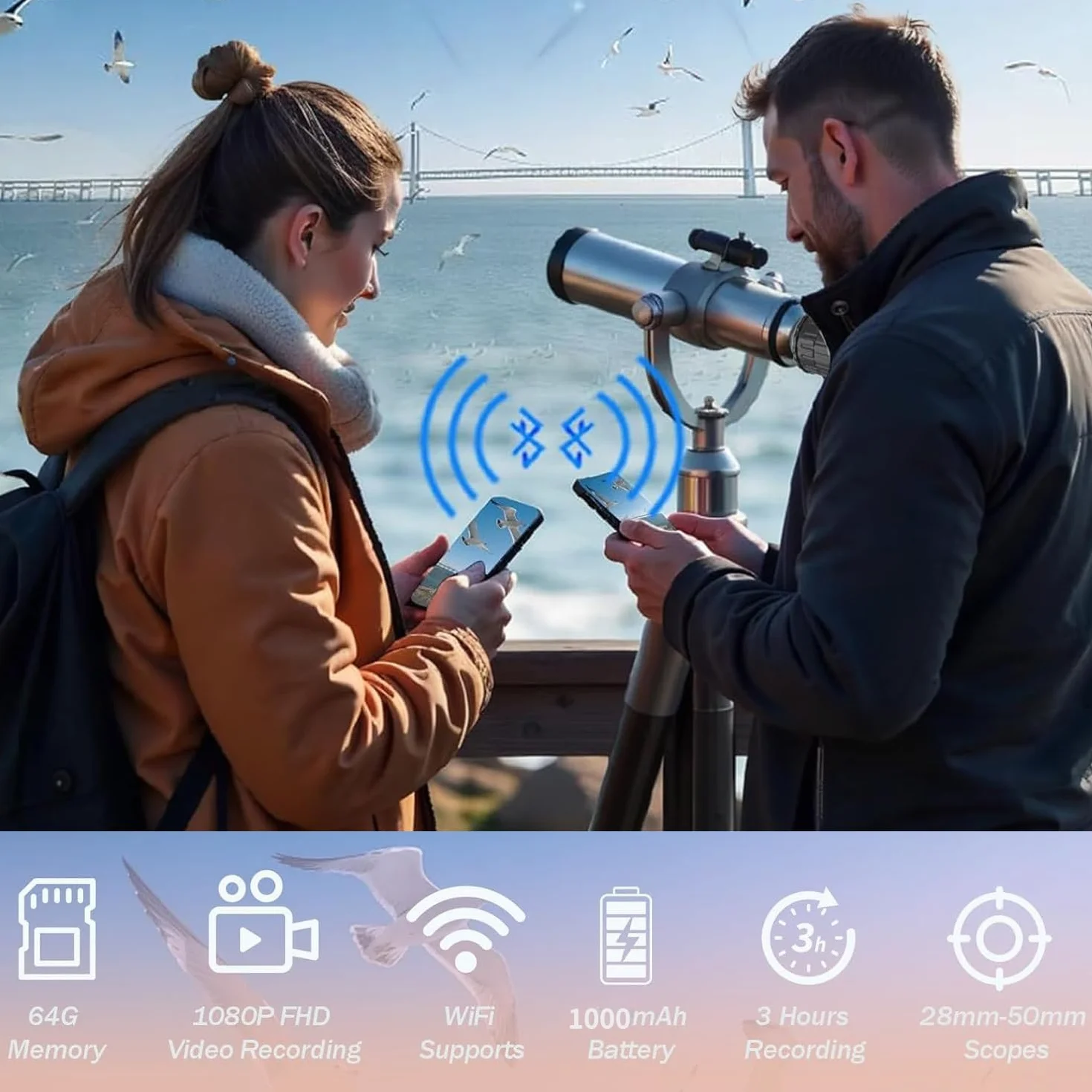 Telecamera elettronica WiFi per telescopio con schermo da 1,5 pollici, video 2,5K, 1920 x 1080 pixel, adatta per microscopio ottico da 24-50 mm e binocolo monoculare, con scheda di memoria da 64 GB