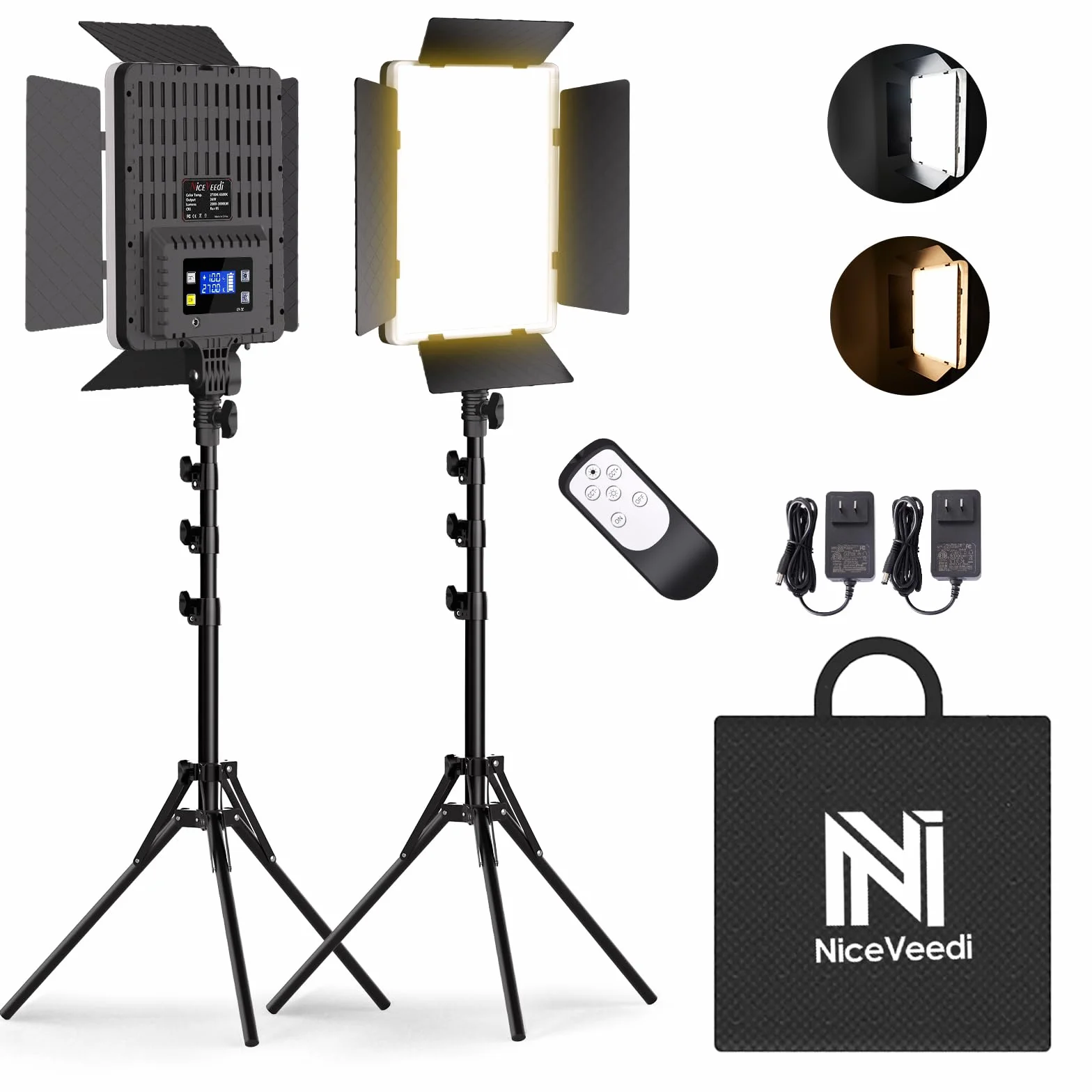 Niceveedi Illuminazione Fotografica, 2 Luci Da Studio Bicolore 2700-6500K 36W Kit Luce Video Led Dimmerabile Per Streaming Video/Giochi/Ritratti Con Camera, Luci Cri 95+ &Telecomando e 183cm Treppiede