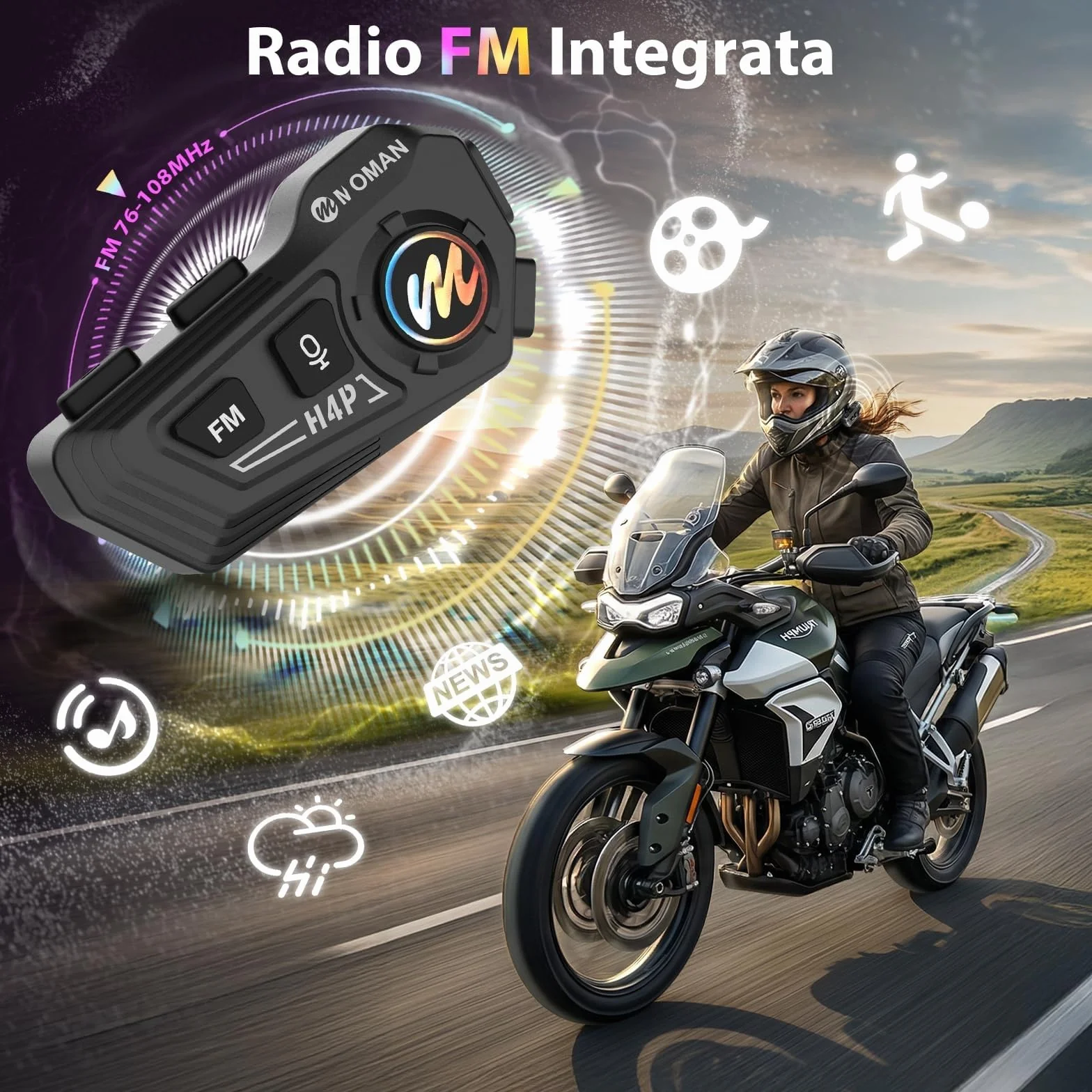 Moman Auricolare Casco Moto-1000mAh Batteria, RS-H4P Cuffie Casco Moto Doppia Riduzione del Rumore con Hi-Fi Microfono Morbida/Dura FM/RGB/IPX6/Controllo Musica/Vocale AI Auricolari Moto Per Singola
