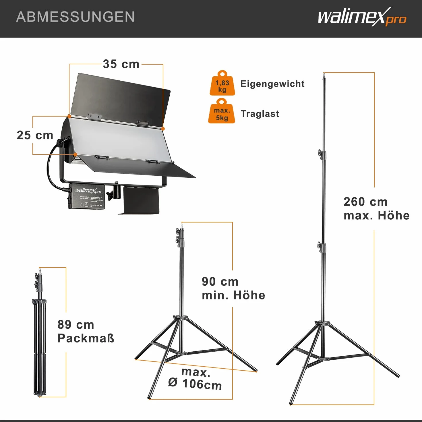 Walimex pro Set studio foto 2 Luci LED a pannello Sirius 160 daylight 65 W, 5600 K + 2 cavalletti fotografici con smorzamento a molla + telecomando