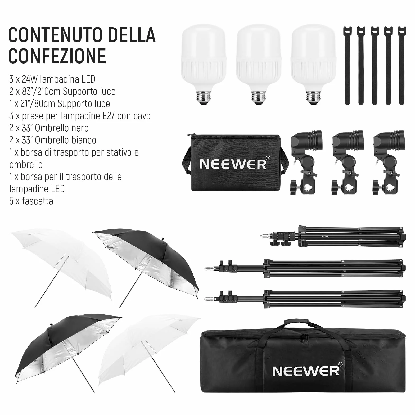 NEEWER Kit di Illuminazione Fotografica 600W,Equivalente a Incandescenza con 2 Ombrello Bianco,2 Ombrello Nero, 3 Lampadina LED da 24W,3 Stativo per Luce, 2Borsa, 5 Fascetta,3 Base per Presa E27,NK500