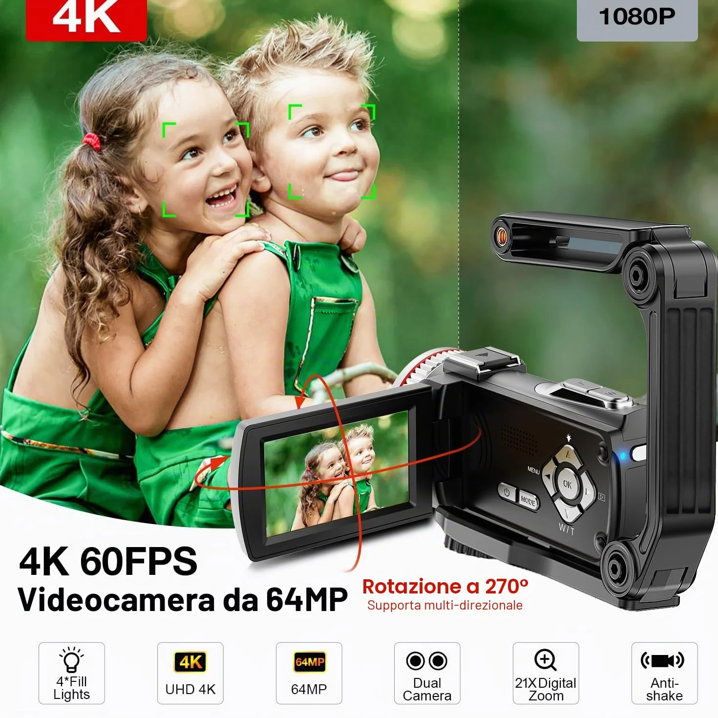 Videocamera 4K 64MP per YouTube, Dual Camera 3" Screen Girevole a 270°, Scheda 64GB, Microfono, Stabilizzatore, Telecomando, 2 Batterie