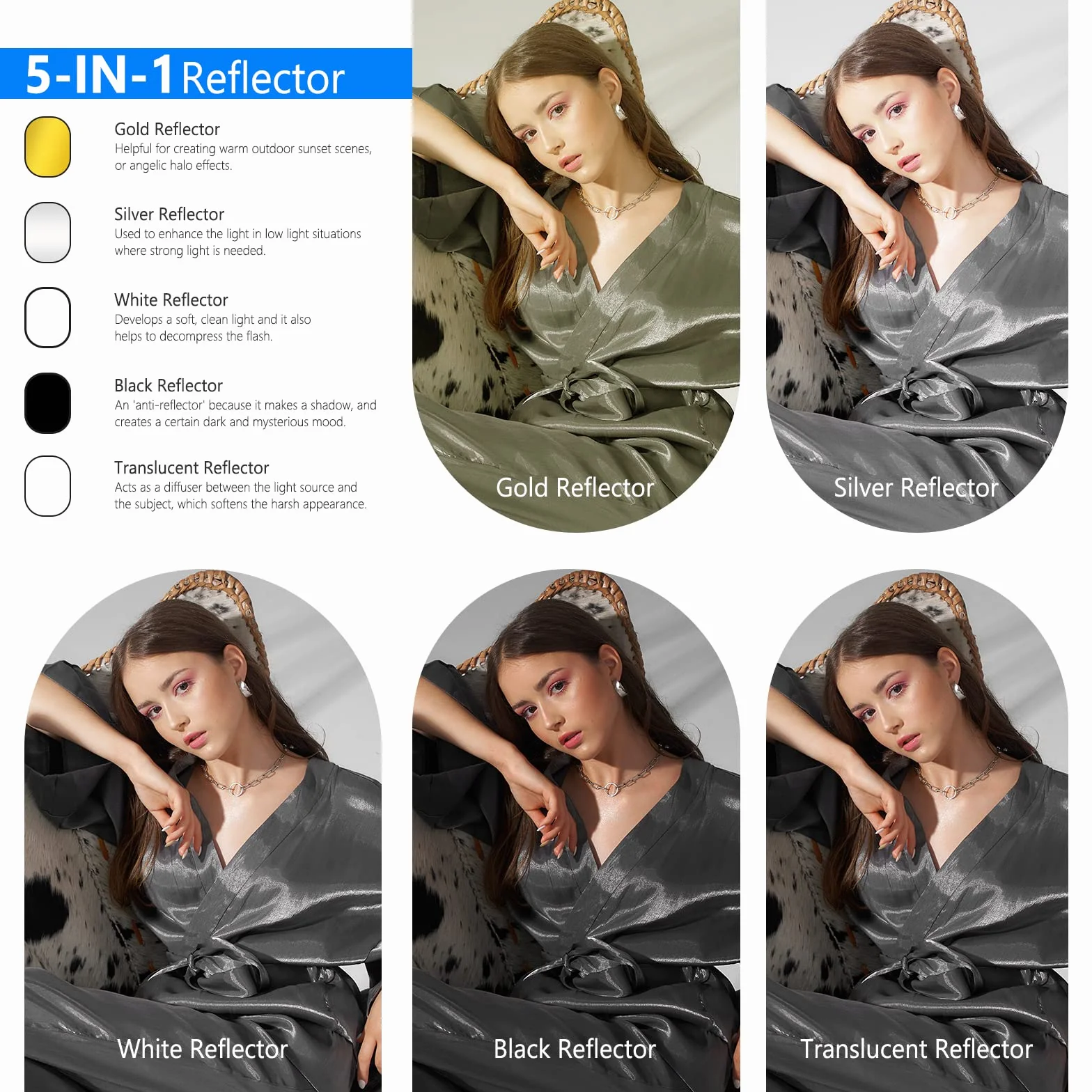 NEEWER Rifletto di Luce per Fotografia 24"x36"/60x90 cm, Multi Disco Pieghevole Portatile 5 in 1 da Borsa - Diffusore Traslucido, Argento, Oro, Nero, Bianco per Illuminazione da Studio ed Esterni
