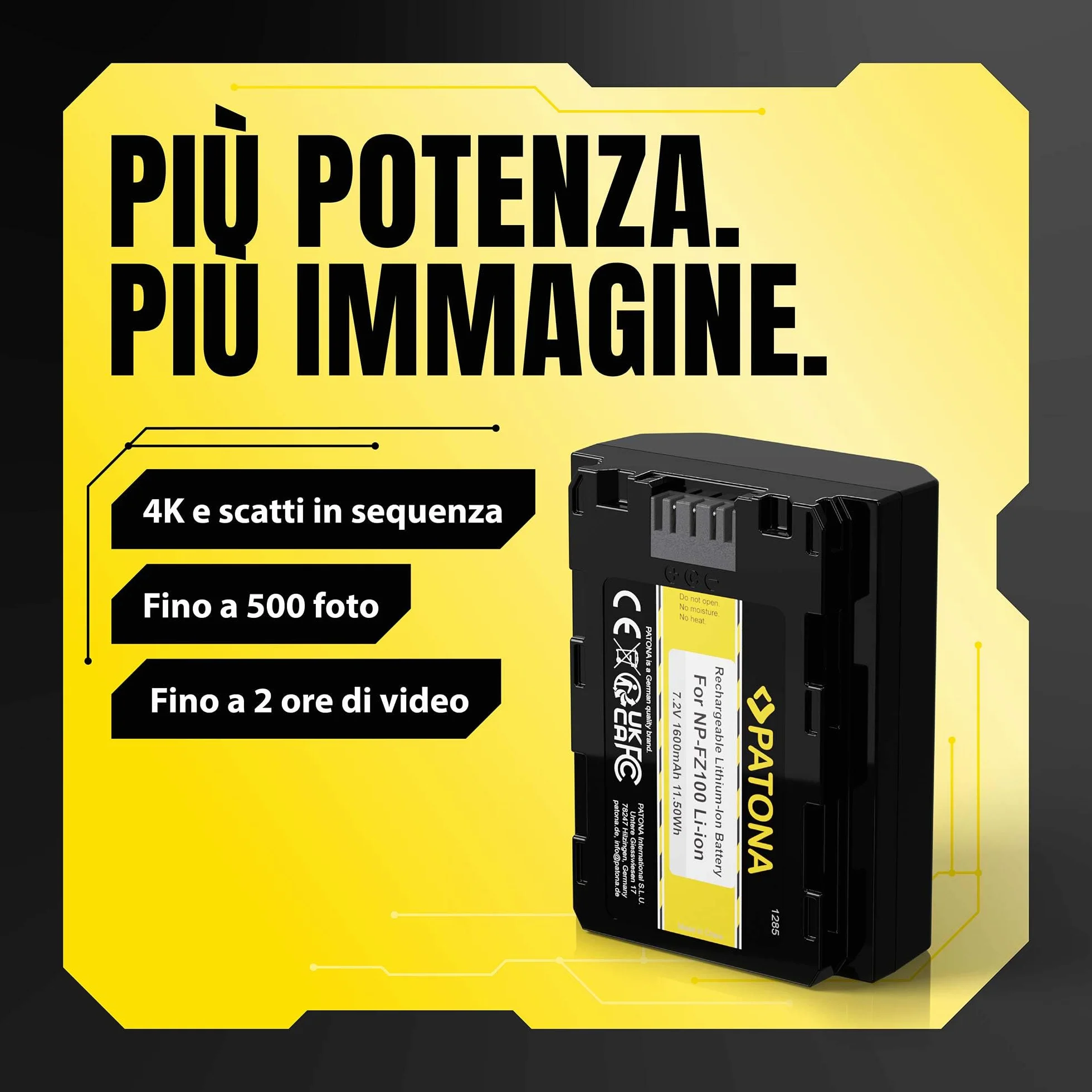 PATONA NP-FZ100 Batteria 1600mAh – Ricambio per Sony NP-FZ100 – per Alpha A6600 A6700 A1 A9 A7 III A7 IV A7R III A7R IV A7R V A7C A7C II FX3 FX30 – riserva affidabile