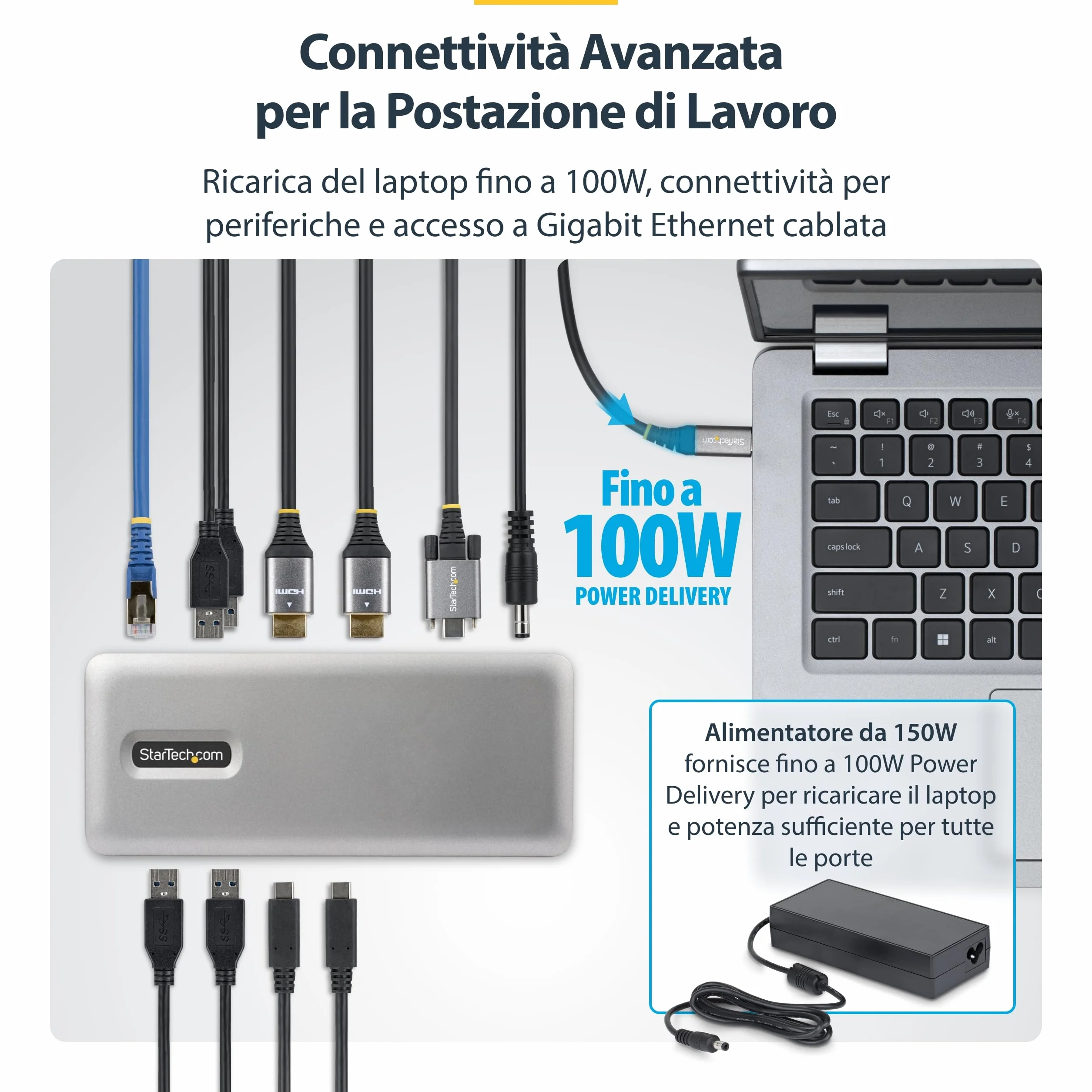 StarTech Docking station USB-C Dual Monitor, 2x HDMI 4K 60Hz, PD 100W, 6x USB 10Gbps, Gigabit Ethernet, Driverless, DockpPer Laptop Windows DP Alt Mode