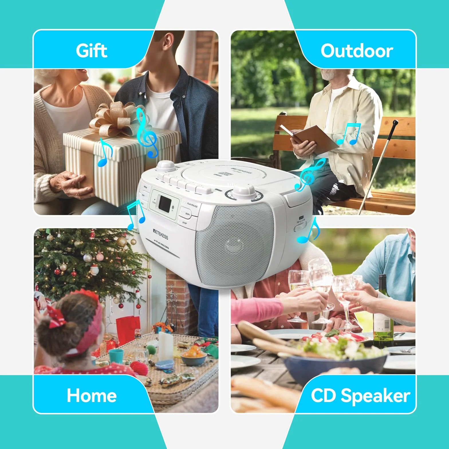 Retekess TR621 Lettore CD Boombox Portatile, Radio con Lettore CD, AM FM Radio, Supporto USB TF, con Telecomando, AC o Alimentato a Batteria, Accompagna la Famiglia e Gli Amici, Regalo(Bianco)