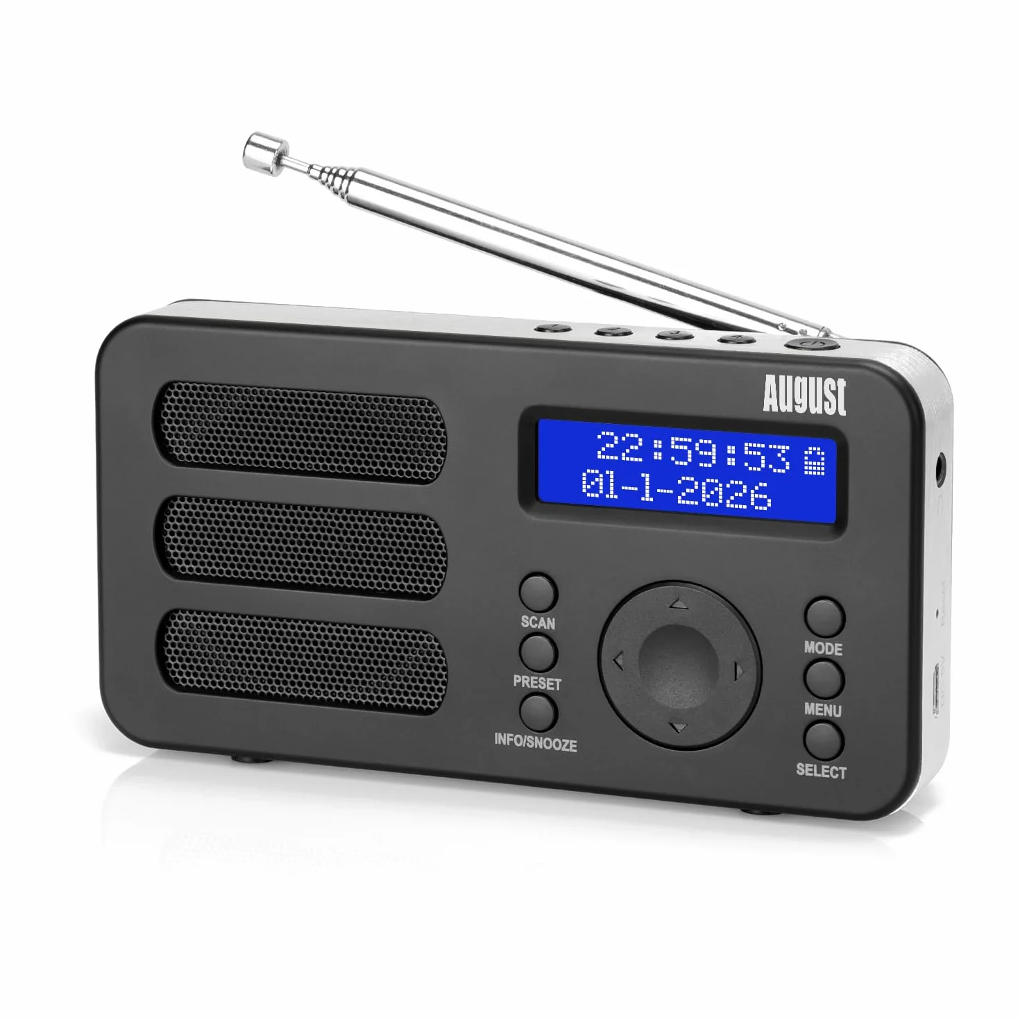 August MB225 Radio Portatile DAB DAB+ FM, Radio Digitale a Batteria con Dual Radiosveglia, Radiolina Portatile Ricaricabile con 40 Preselezioni, RDS, 20 Ore, Stereo/Mono, Presa per Cuffie - Nero