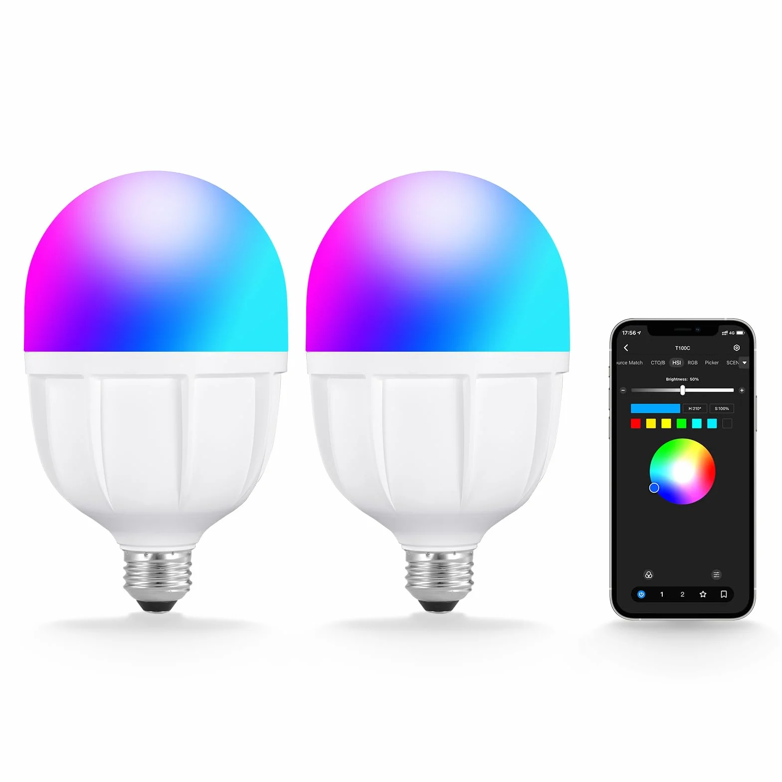 NEEWER Lampadina LED RGB per Fotografia, Confezione da 2, Controllo App, Lampadina LED 26W con 9 Effetti, 400lux/m 2700K-6500K CRI93+ TLCI98+, Base E26 per Kit di Illuminazione Softbox Studio, T100C