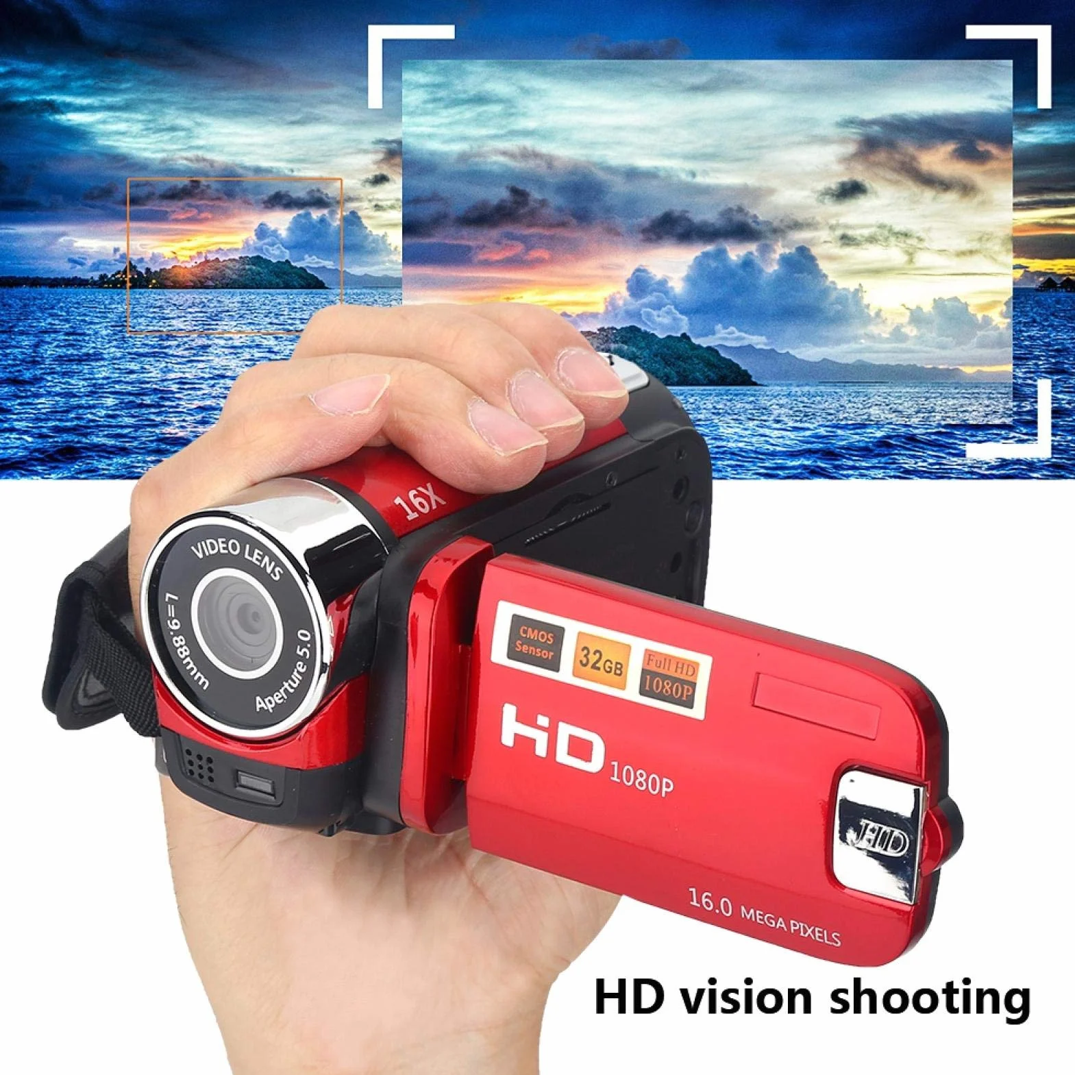 Diyeeni Videocamera portatile 1080P FHD 16x zoom digitale, fotocamera digitale DV Trabar con sensore COMS, altoparlante incorporato, schermo rotante 270 °, videocamera(Red)