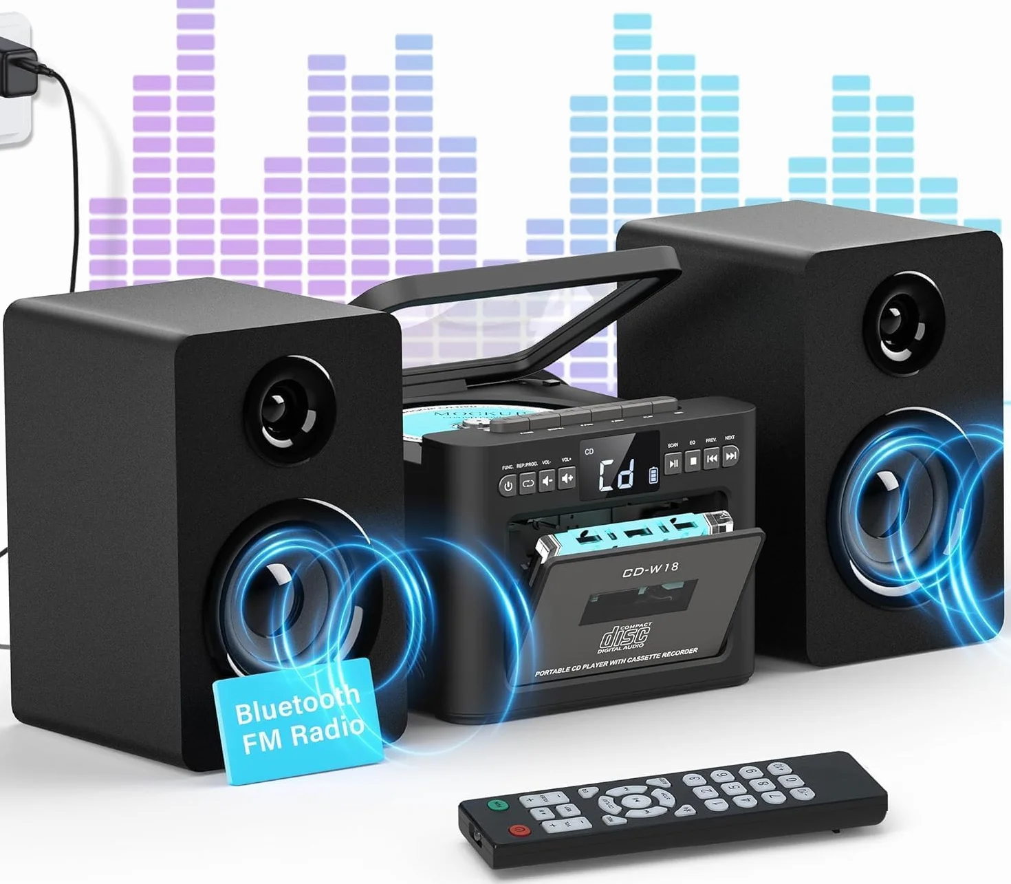 Greadio Impianto stereo per la casa con Boombox CD e lettore di cassette Combo, sistema stereo domestico da 40 W con Bluetooth, radio FM/USB/TF/AUX/telecomando, altoparlanti da scaffale in legno