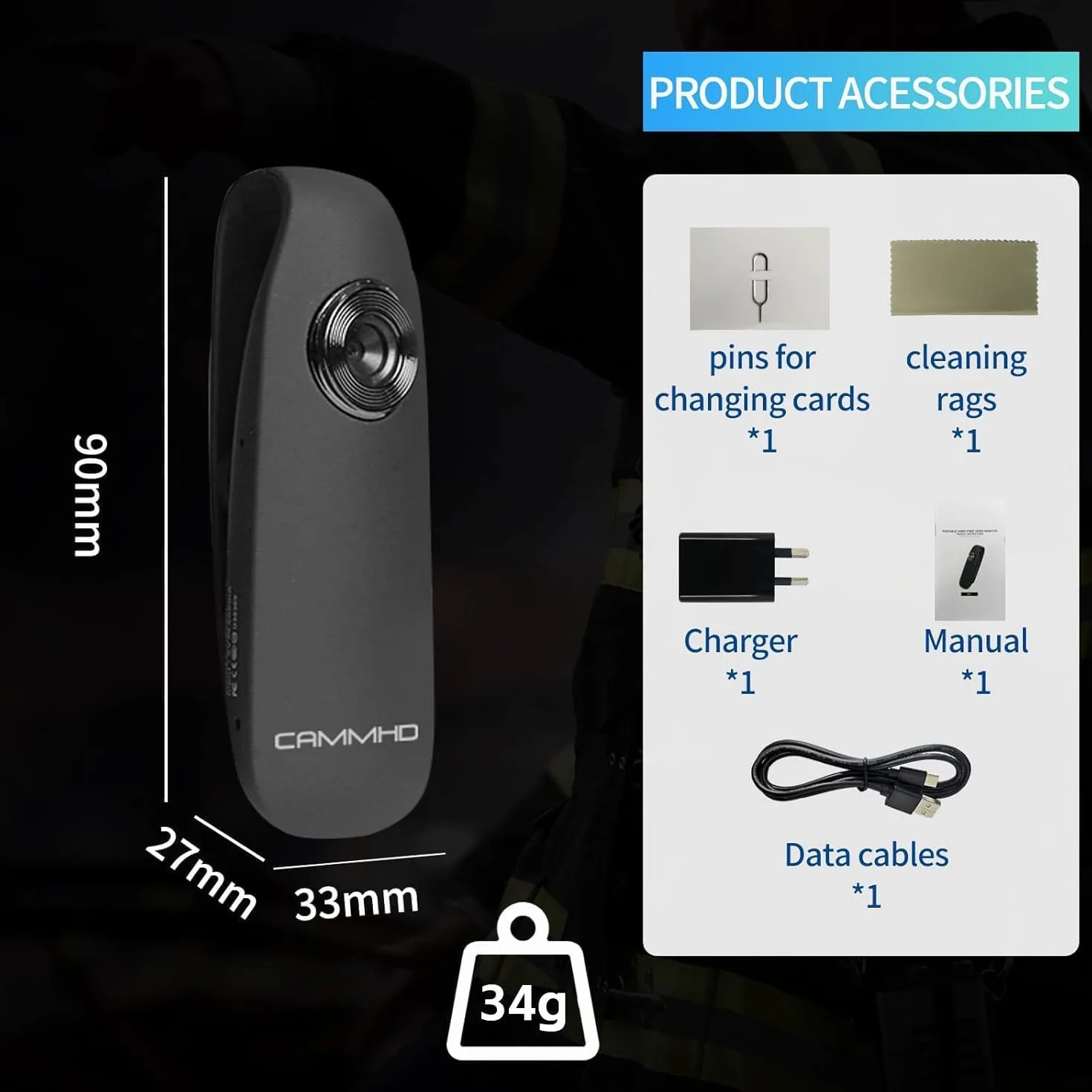CAMMHD 1080P 32GB Body Cam Full HD Portatile Bodycam con Registrazione One-Touch, Rilevamento del Movimento, 3-7 Ore di Registrazione, Supporto alla Connessione OTG (Supporto Massimo fino a 512GB)